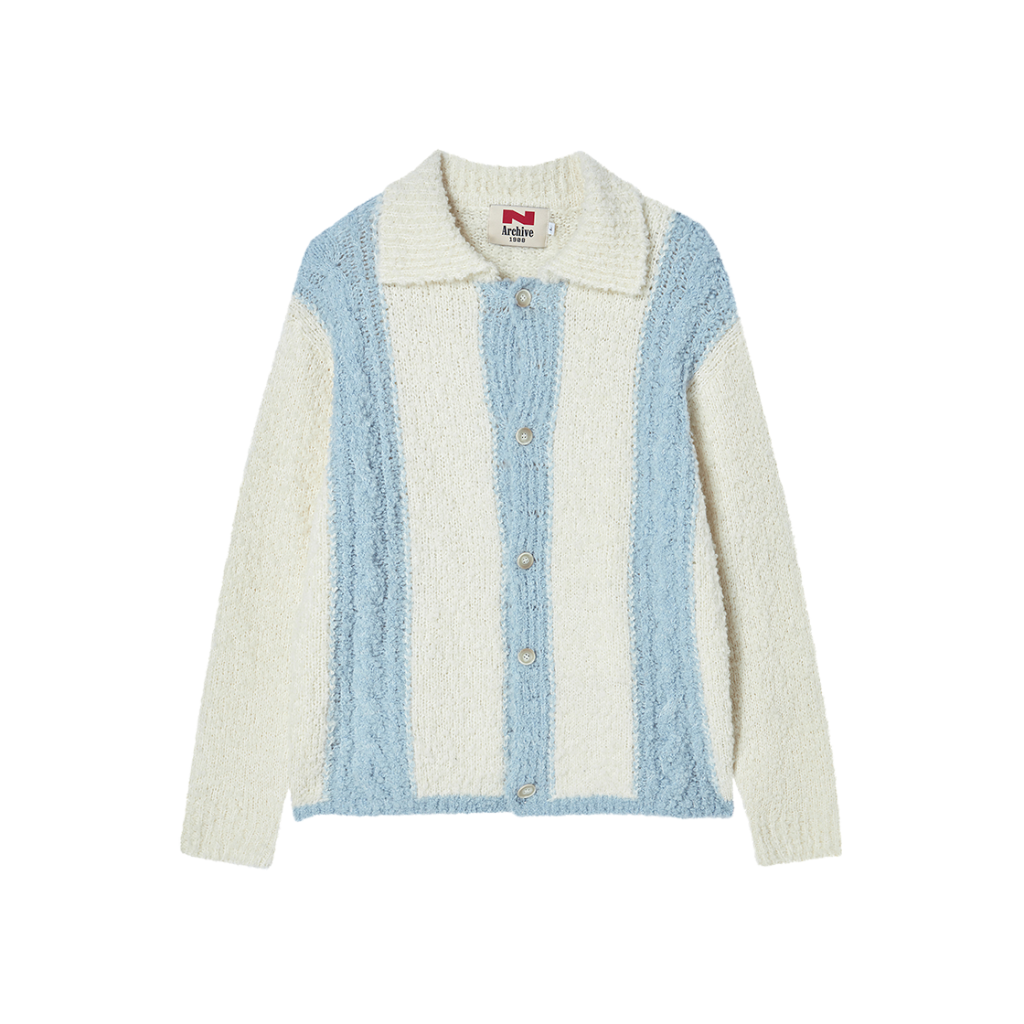 엔 아카이브 텍스처 스트라이프 폴로 가디건 스카이 블루(N ARCHIVE Texture Stripe Polo Cardigan Sky Blue)