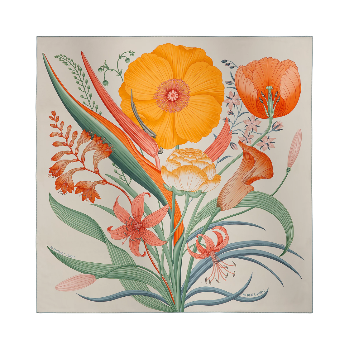 H004283S04 (W) Hermes Bouquet Final Scarf 90 Silk Twill & Gris Cendre Orange Vert