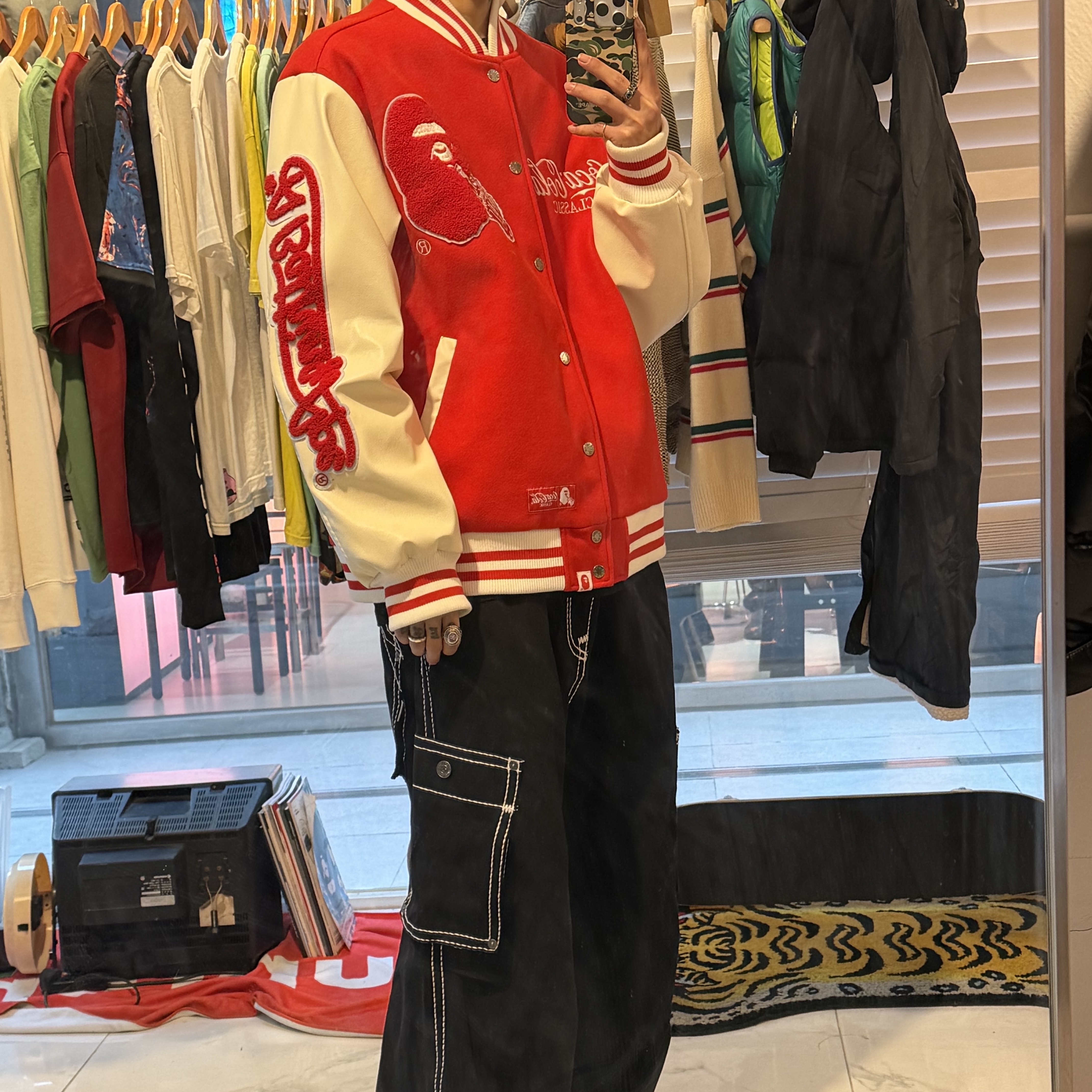 BAPE x Coca Cola Varsity Jacket Red 착용 스타일