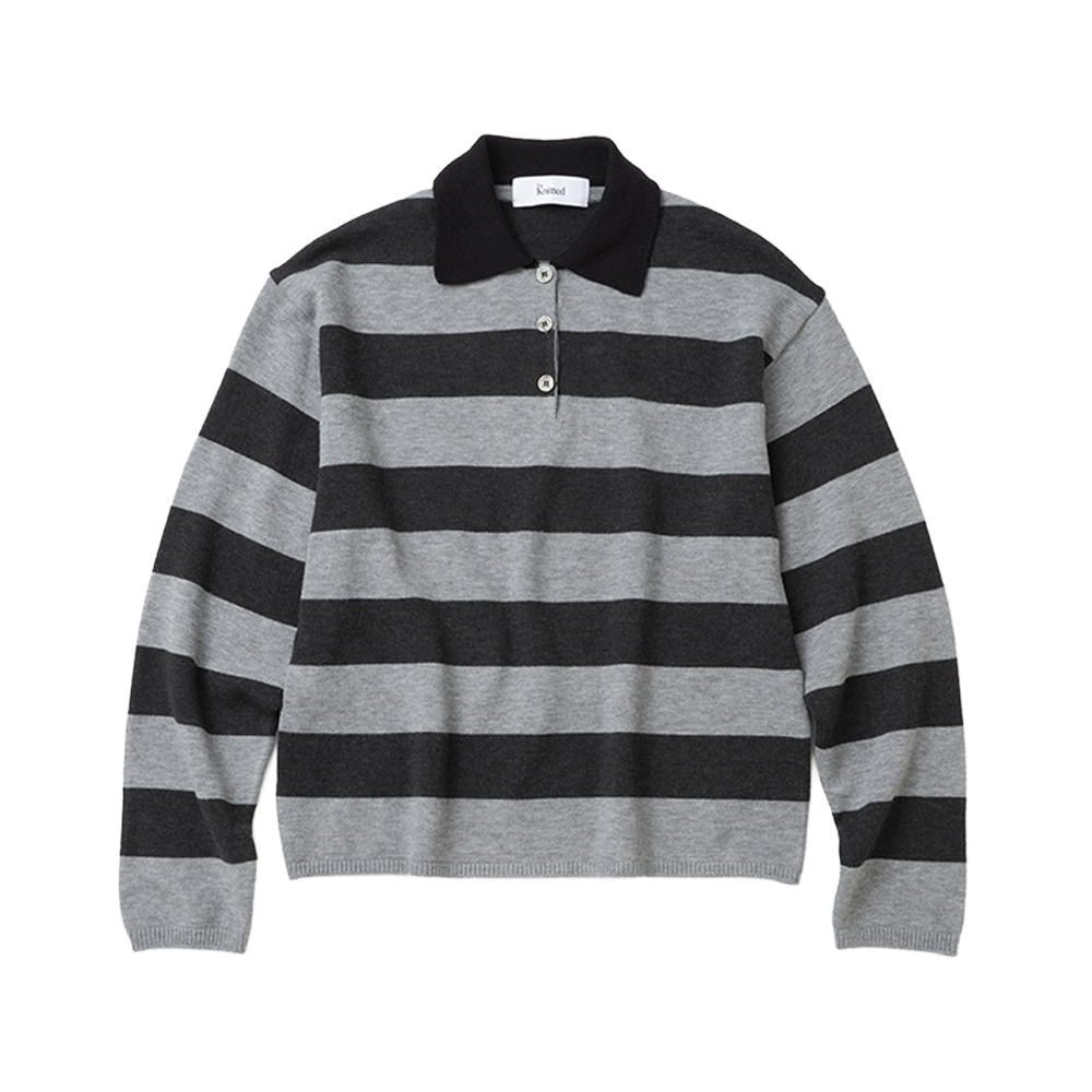니티드 스트라이프 럭비 카라 니트 블랙(Knitted Stripe Rugby Collar Knit Black)