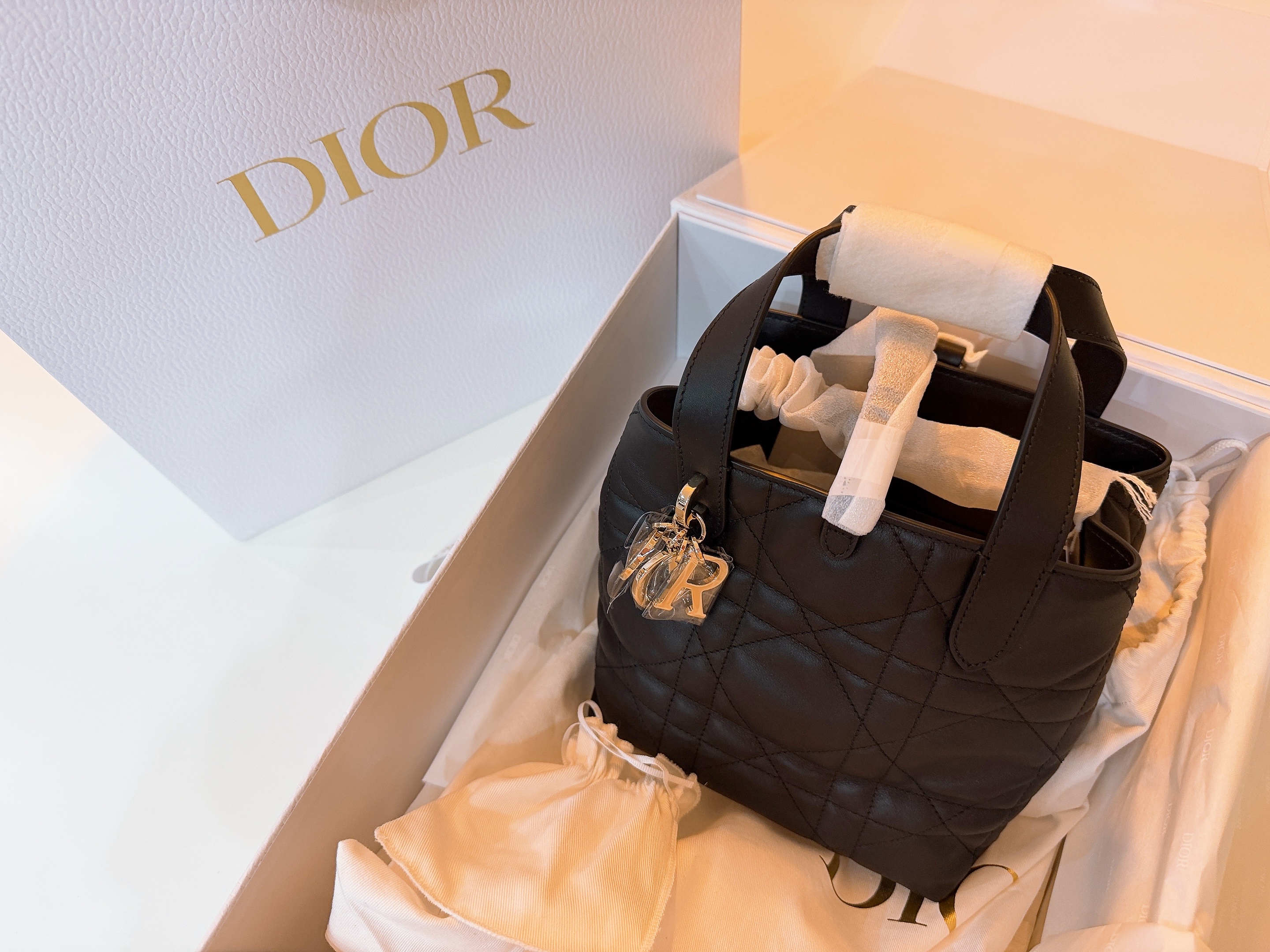Dior Small Toujours Vertical Tote Bag Macrocannage Calfskin Black 착용 스타일 - 1