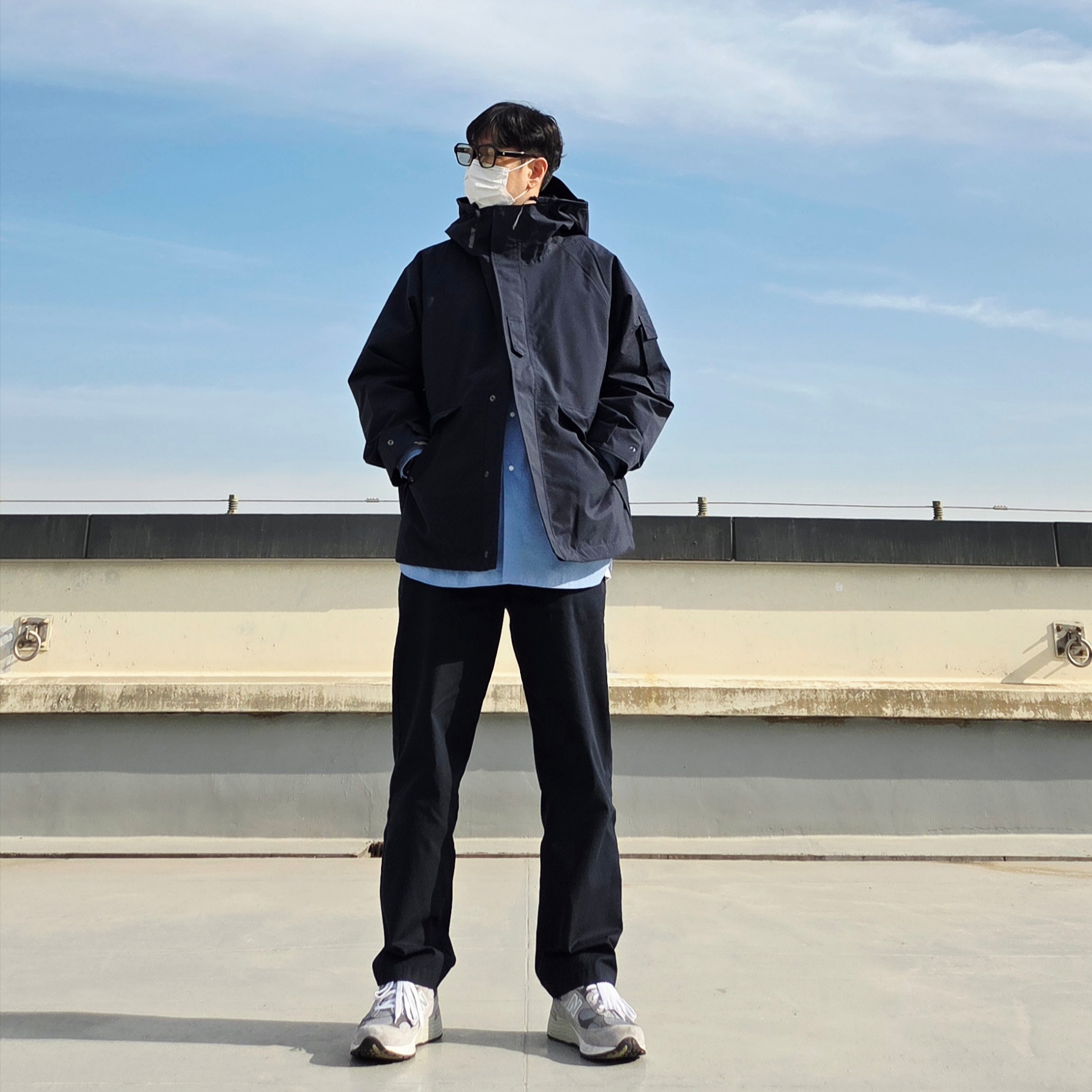 Nanamica 2L Nylon Gore-Tex Cruiser Jacket Navy, Nanamica Regular Collar Wind Shirt Sax 착용 스타일 - 4