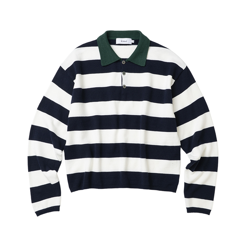니티드 스트라이프 럭비 카라 니트 네이비(Knitted Stripe Rugby Collar Knit Navy)