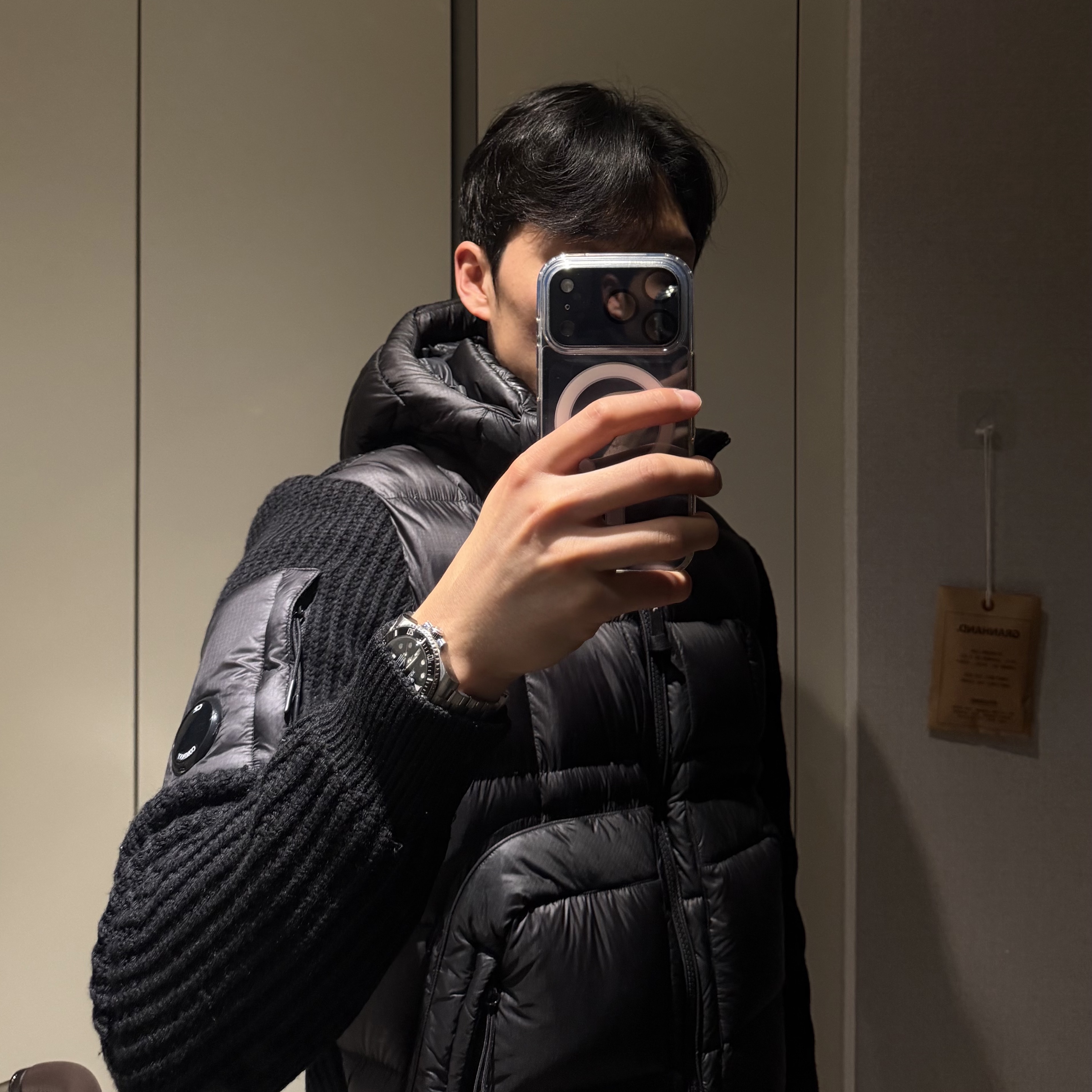 C.P COMPANY Merino Wool Mixed Hooded Knit Jacket Black 착용 스타일