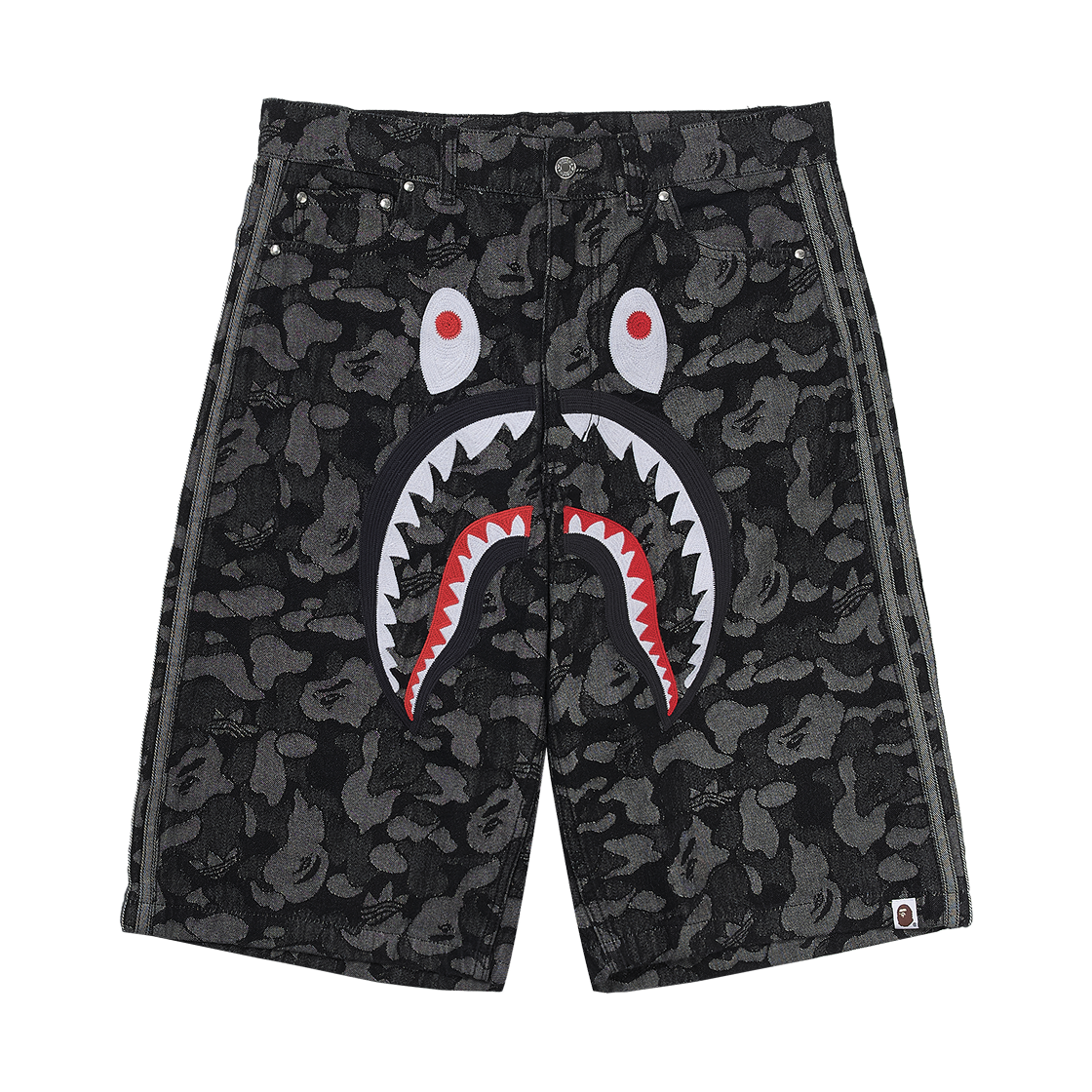 아디다스 x 베이프 샤크 데님 쇼츠 블랙 - US 사이즈(Adidas x BAPE Shark Denim Shorts Black - US Sizing)