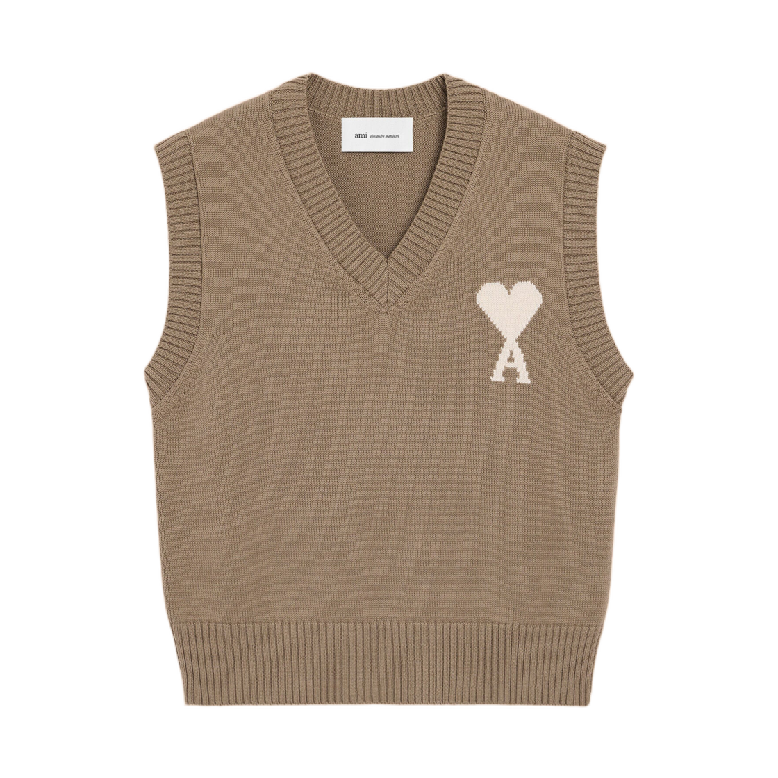 UKS860-KN0156-A117 AMI Beige Wool and Cotton Sleeveless Ami De Coeur Sweater Taupe Beige Off White