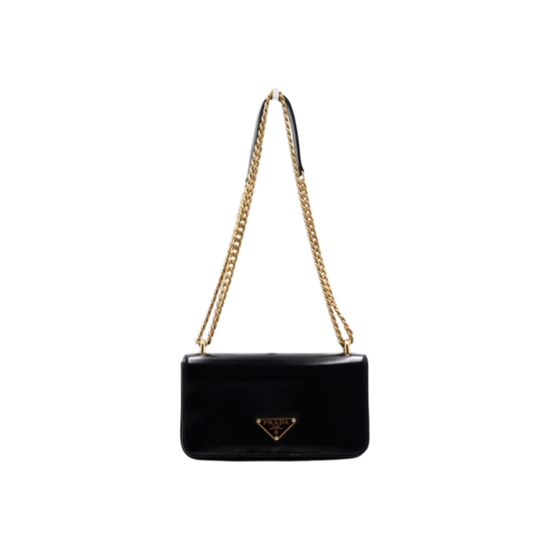 ITKCMMAEFWAI Prada Black Vitello Leather Triangle Logo Gold Chain Shoulder Bag