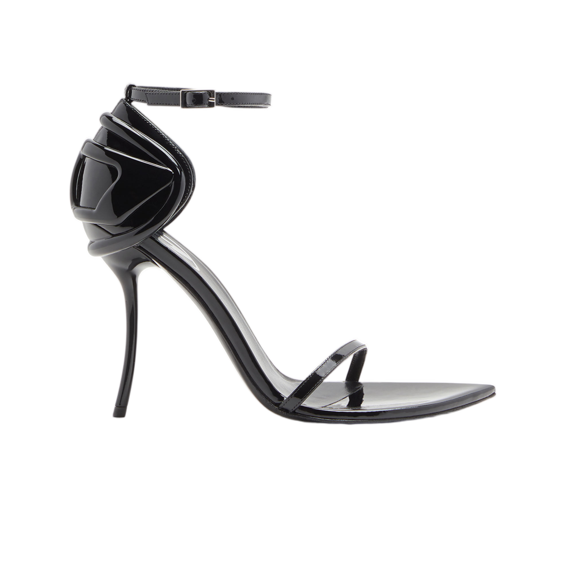 (W) 디젤 D-텐앤하프 스틸레토 샌들 페이턴트 레더 앤 새틴 블랙((W) Diesel D-Ten&Half-Stiletto Sandals In Patent Leather and Satin Black) - 1