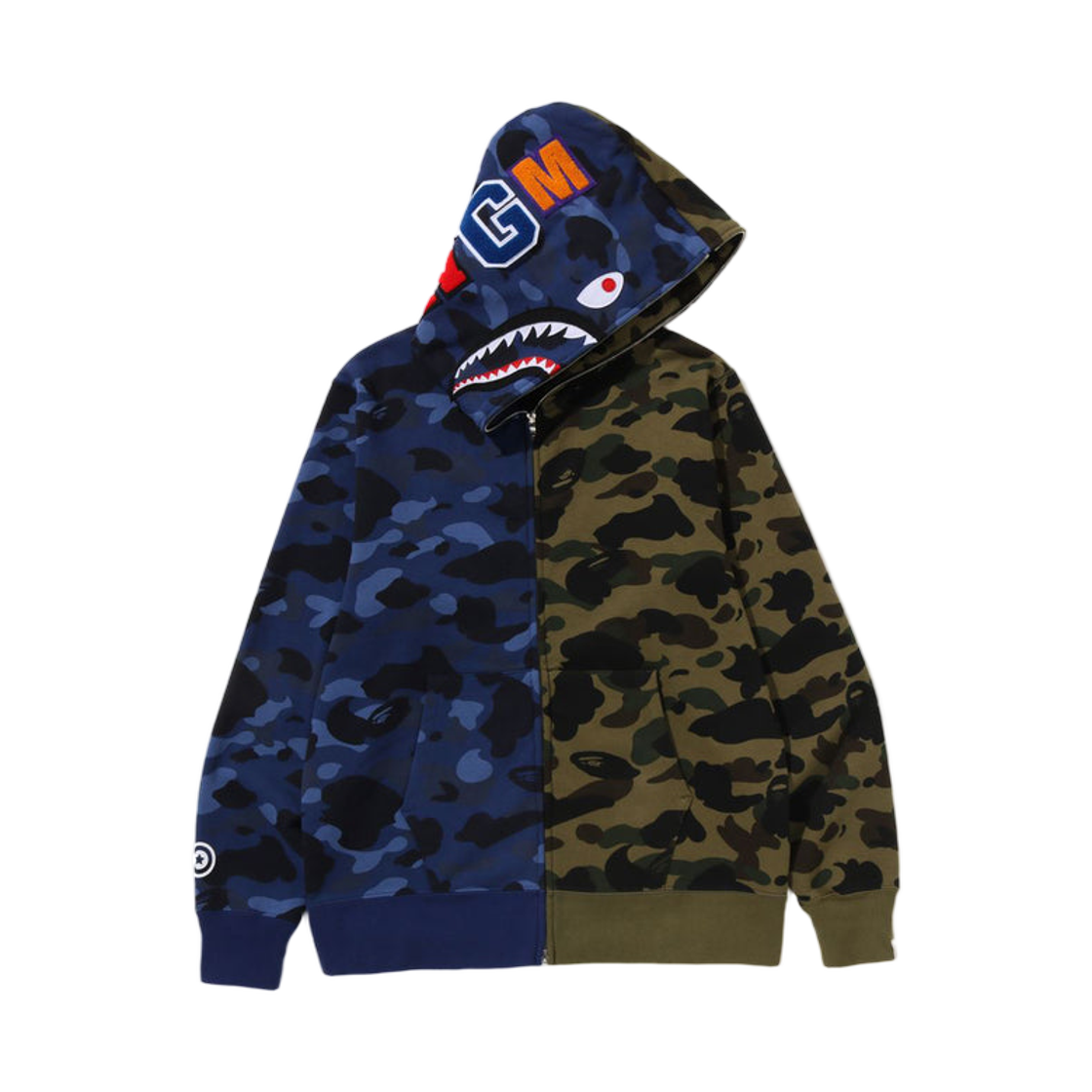 베이프 스플릿 카모 샤크 풀 집 후드 네이비