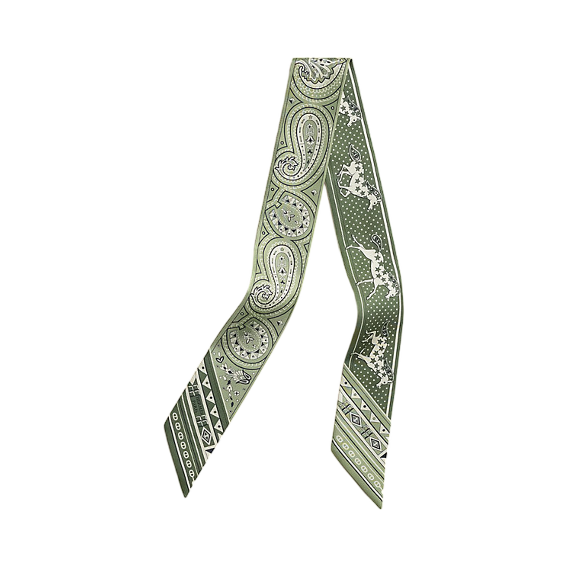 (W) 에르메스 슈발 드 하트 반다나 트윌리 실크 & 로덴 카키 크렘((W) Hermes Cheval De Coeur Bandana Twilly Silk & Roden Khaki Creme) - 1