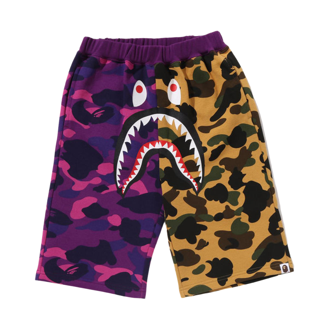 - (Kids) BAPE Split Camo Shark Sweatshorts Purple Yellow