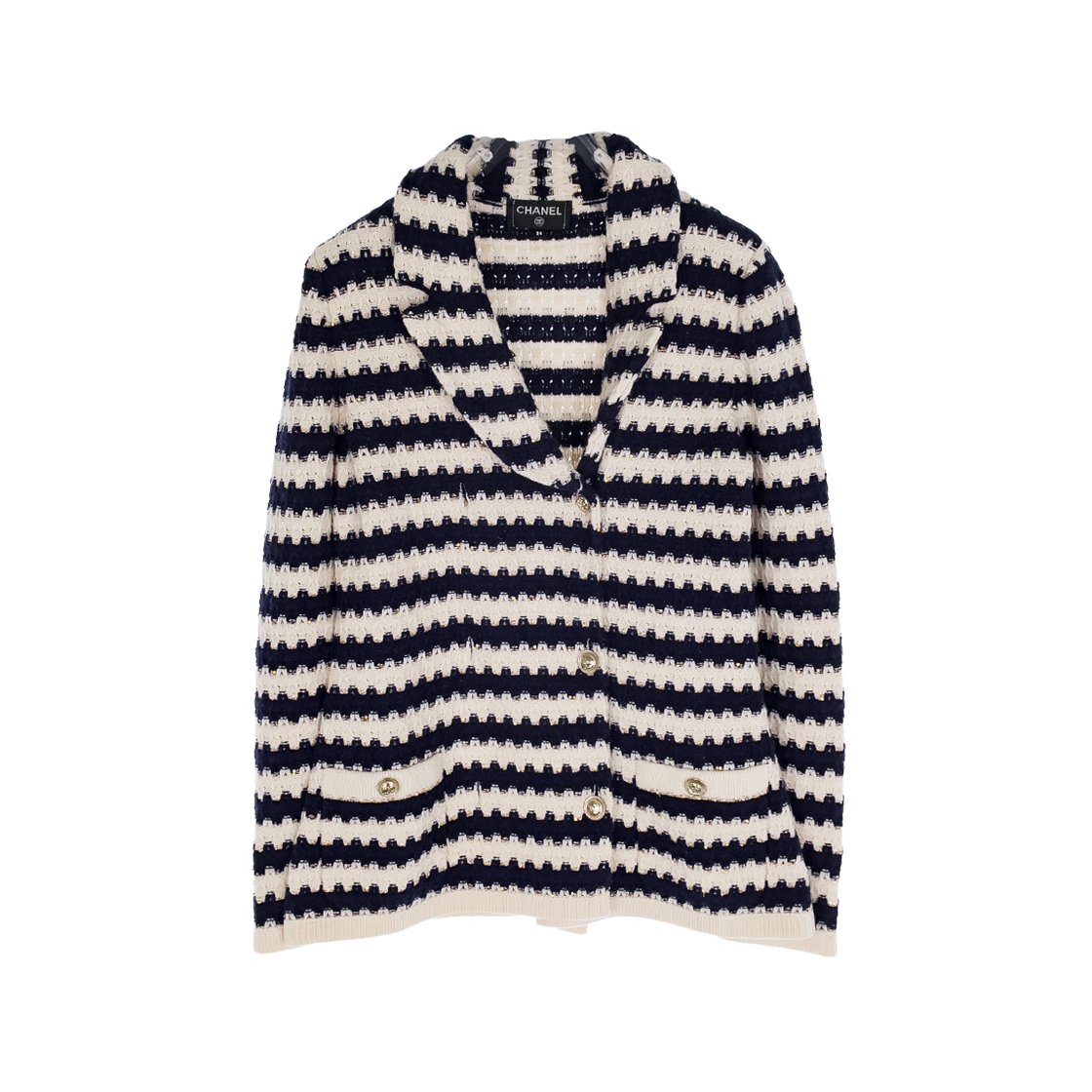 샤넬 21C 스트라이프 니트 더블 자켓 34 에크루/네이비/골드(6ET0442)(Chanel 21C Striped Knit Double Jacket 34 Ecru/Navy/Gold (6ET0442))