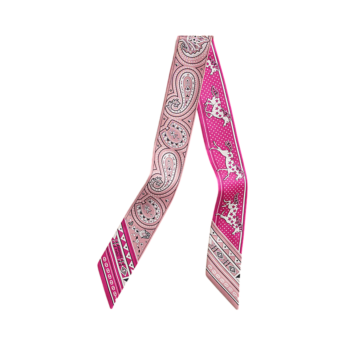 H064259S06 (W) Hermes Cheval De Coeur Bandana Twilly Silk & Hussia Vieux Rose Blanc