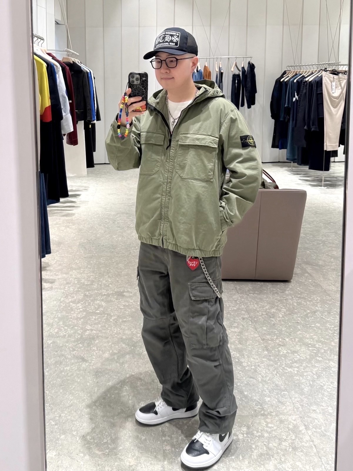 Chrome Hearts CH Hollywood Trucker Hat Black, Stone Island 4100077 Stretch Organic Cotton Twill Hooded Jacket with Anti-Drop Military Green - 26SS 착용 스타일