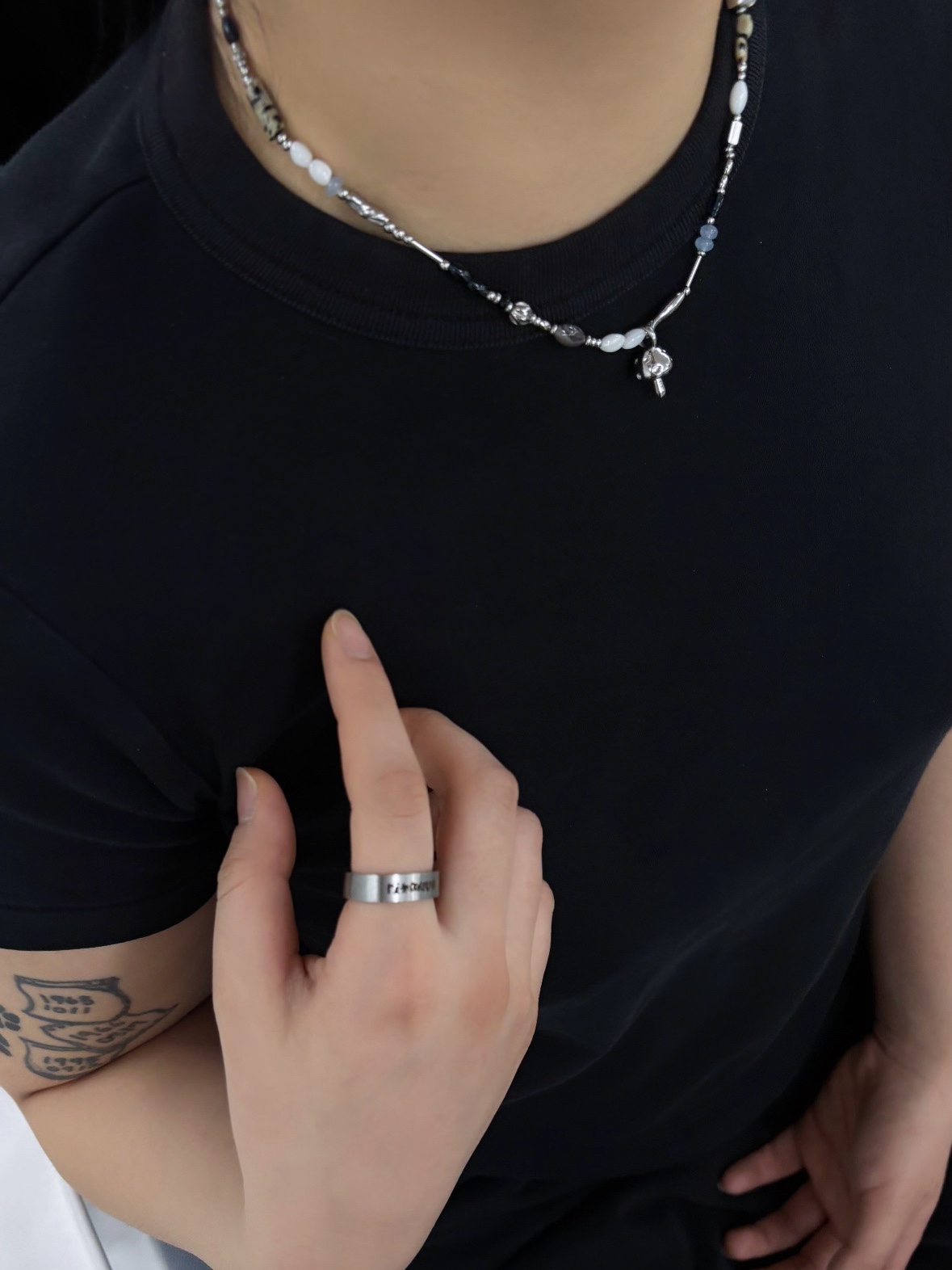 Riomeu Parasola Mushroom Necklace, Riomeu VTG Lettering Square Ring Silver 착용 스타일