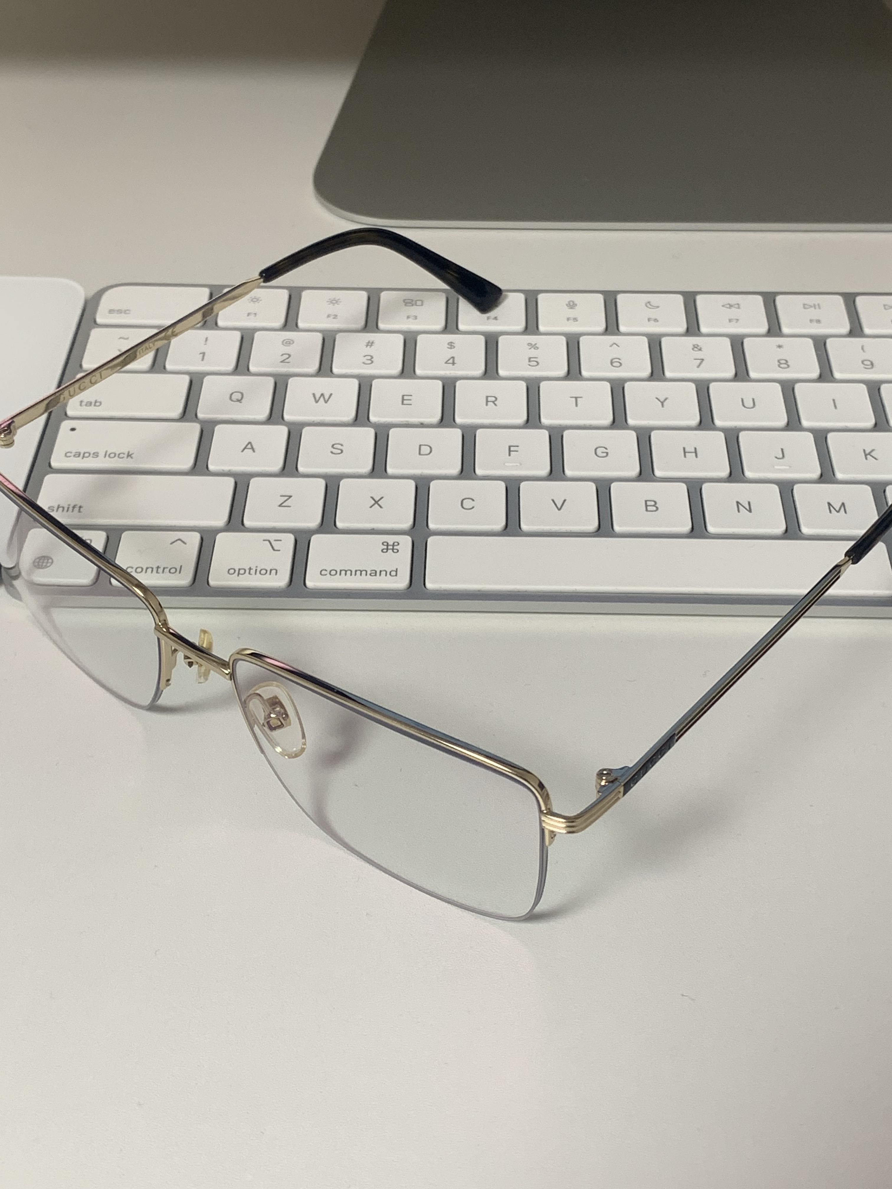 (W) Gucci Rectangular Optical Frame Glasses Gold, Apple Magic Keyboard for Mac and Apple Vision Pro White (Korean Ver.) 착용 스타일