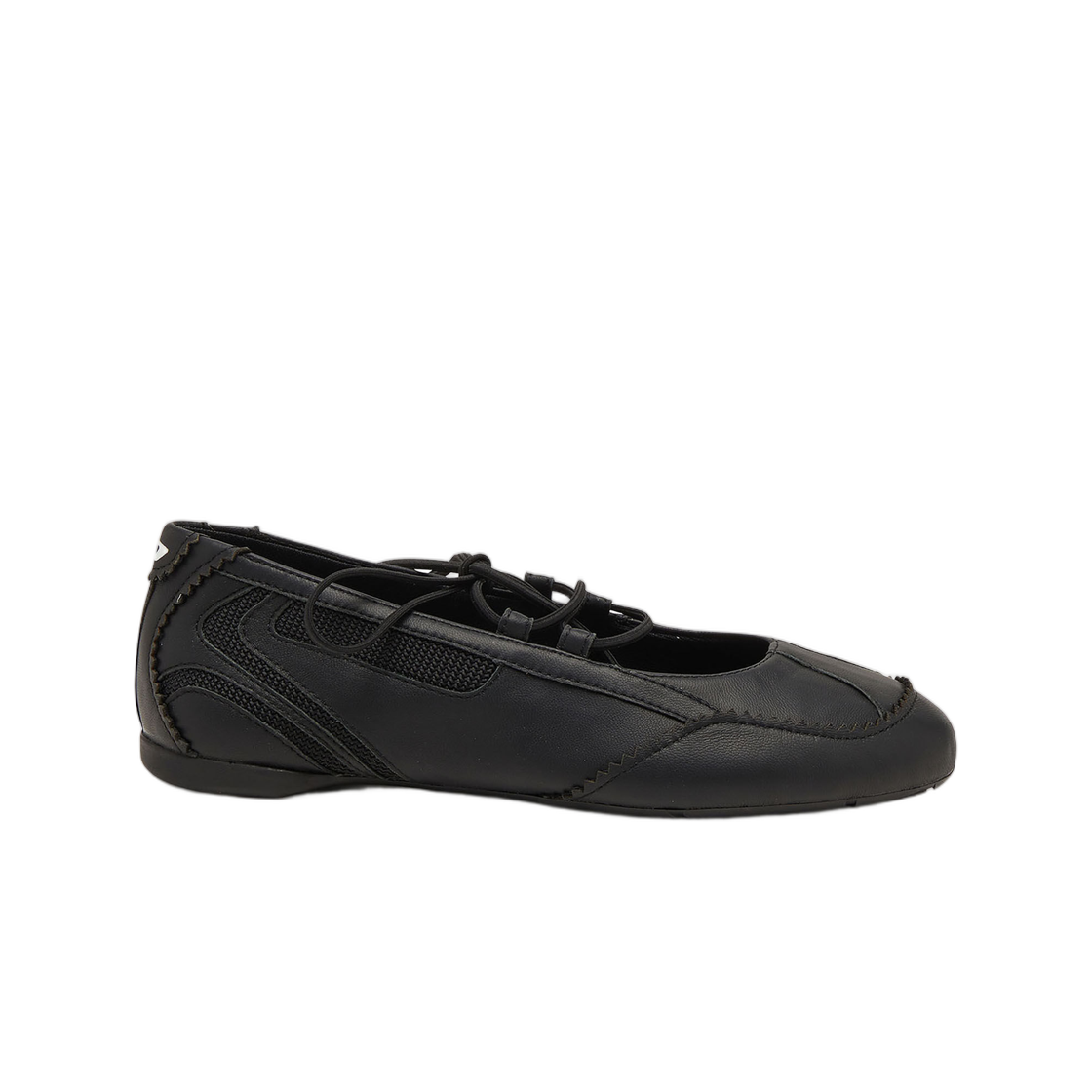(W) 디젤 D-마일 레이스업 레더 앤 메쉬 발레 플랫 블랙((W) Diesel D-Mile-Lace-Up Ballet Flats In Leather and Mesh Black)