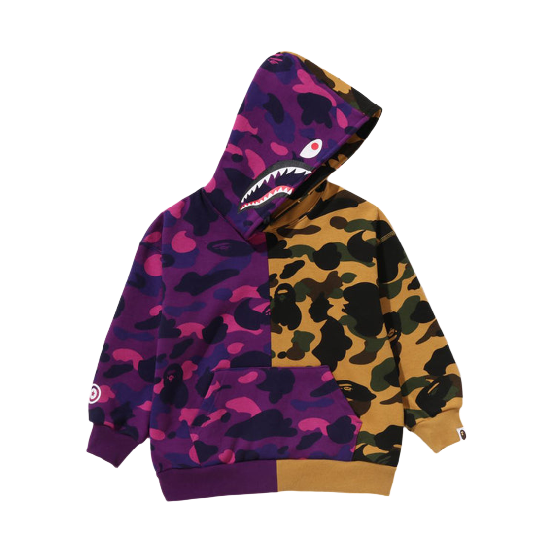 (키즈) 베이프 스플릿 카모 샤크 릴렉스드 핏 풀오버 후드 퍼플 옐로우((Kids) BAPE Split Camo Shark Relaxed Fit Pullover Hoodie Purple Yellow) - 1