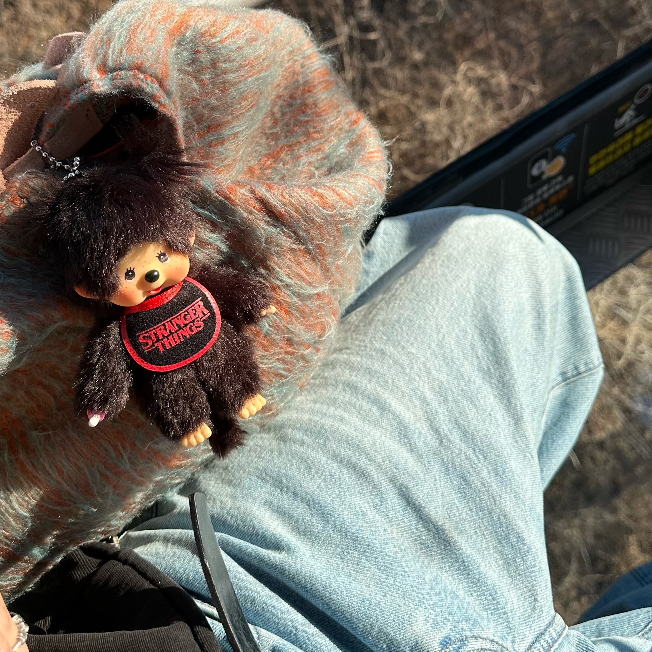 Monchhichi x Strange Things Key Chain Black Red 착용 스타일