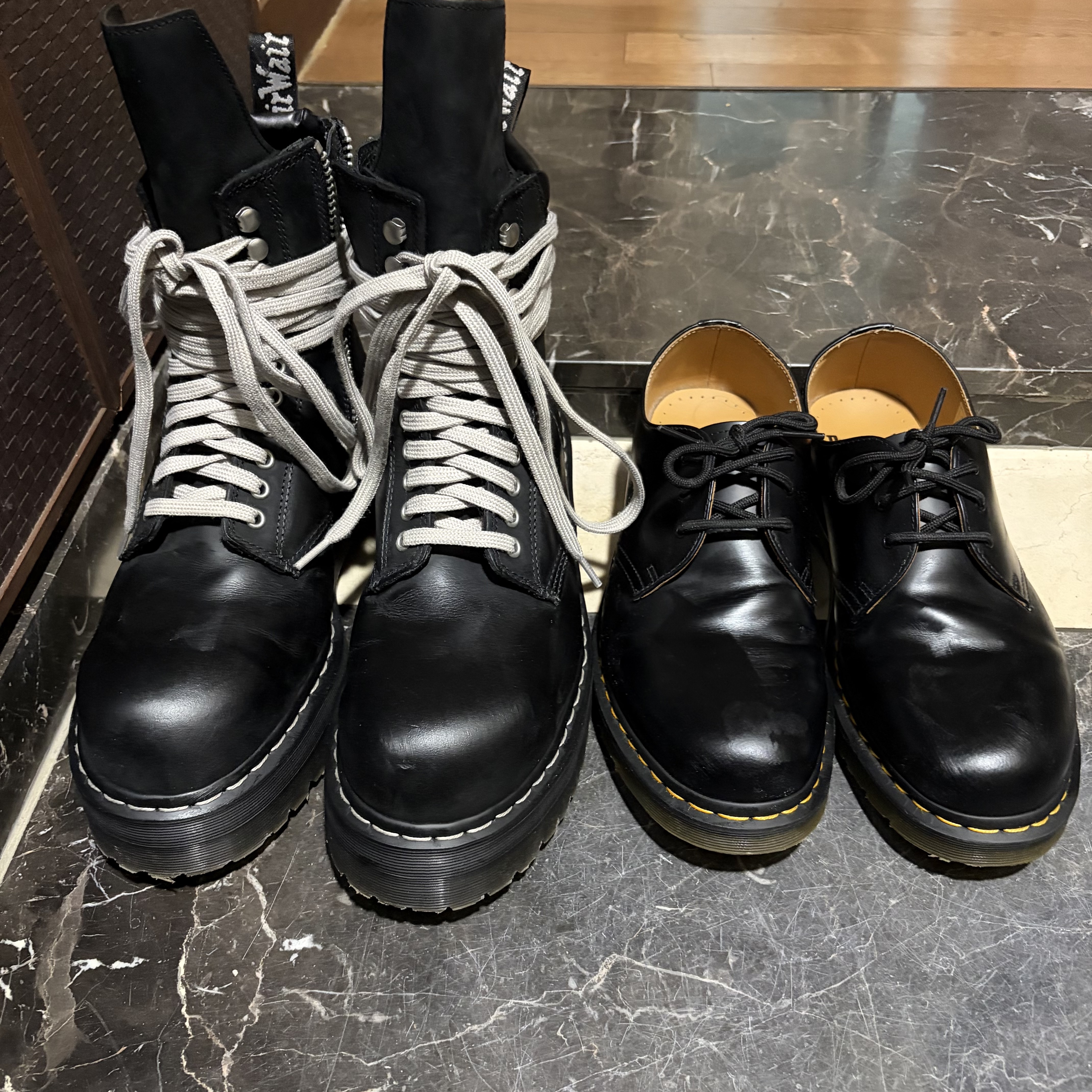 Dr. Martens x Rick Owens Quad Sole Steel Toe Boots Black, Dr. Martens 1461 Smooth Black 착용 스타일