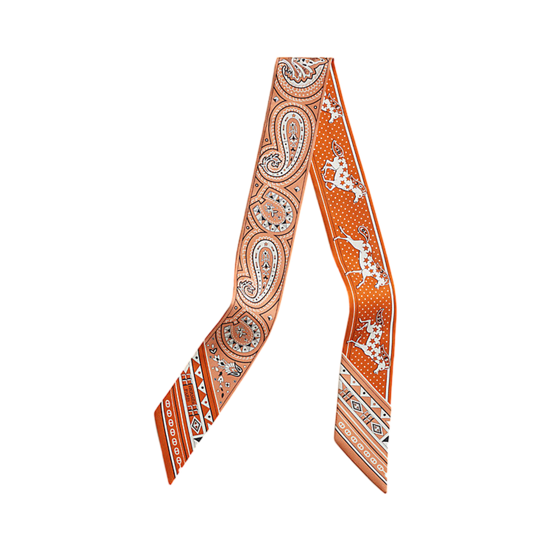 H064259S05 (W) Hermes Cheval De Coeur Bandana Twilly Silk & Orange Abricot Blanc