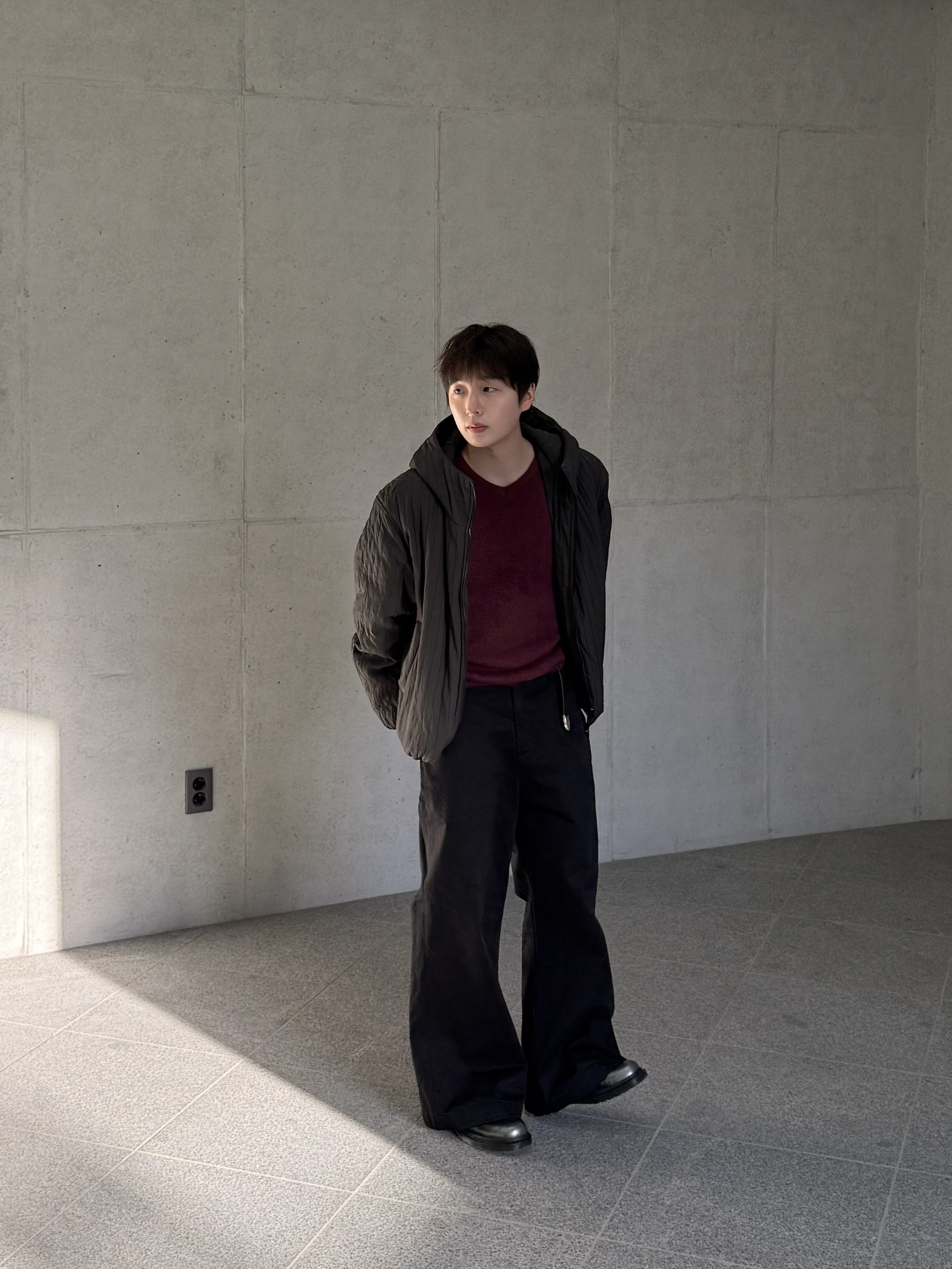 Dr. Martens 1461 Silver Arcadia Multi, Haleine x Helet Shaggy Cropped V-Neck Knit Burgundy (WT402) 착용 스타일 - 1