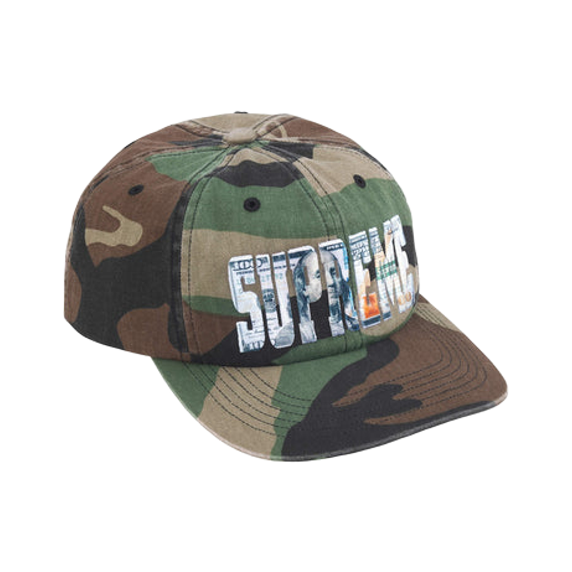 슈프림 자수 머니 로고 6-패널 우드랜드 카모 - 26SS