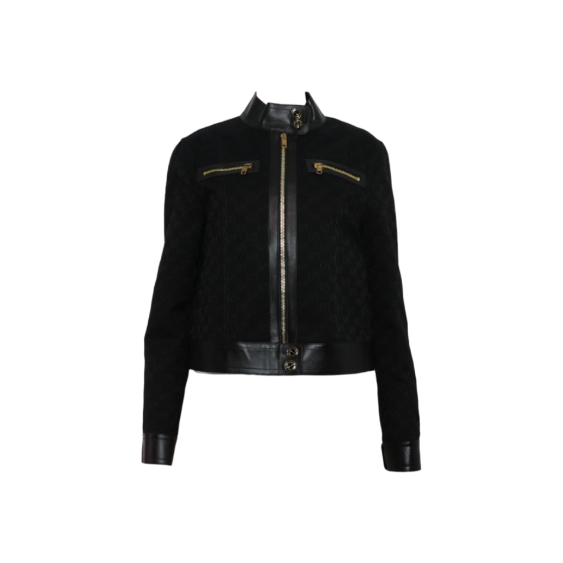 ITUPOQJ95VD2 Gucci Black GG Logo Canvas and Leather-Trimmed Contrast Zip-Up Women's Jacket