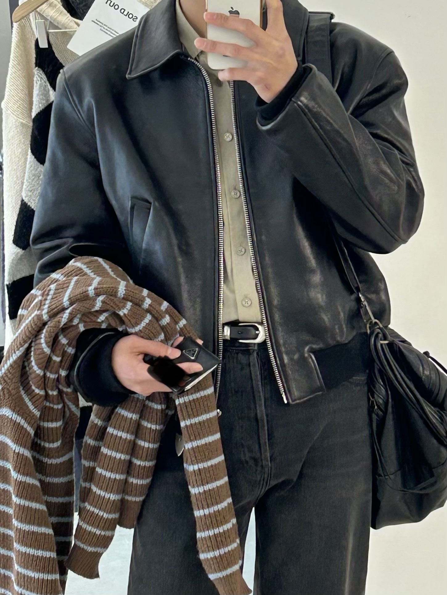Our Legacy Belt 2cm Shadow Rubber, Recto Vintage Effect Leather Bomber Vintage Brown 착용 스타일