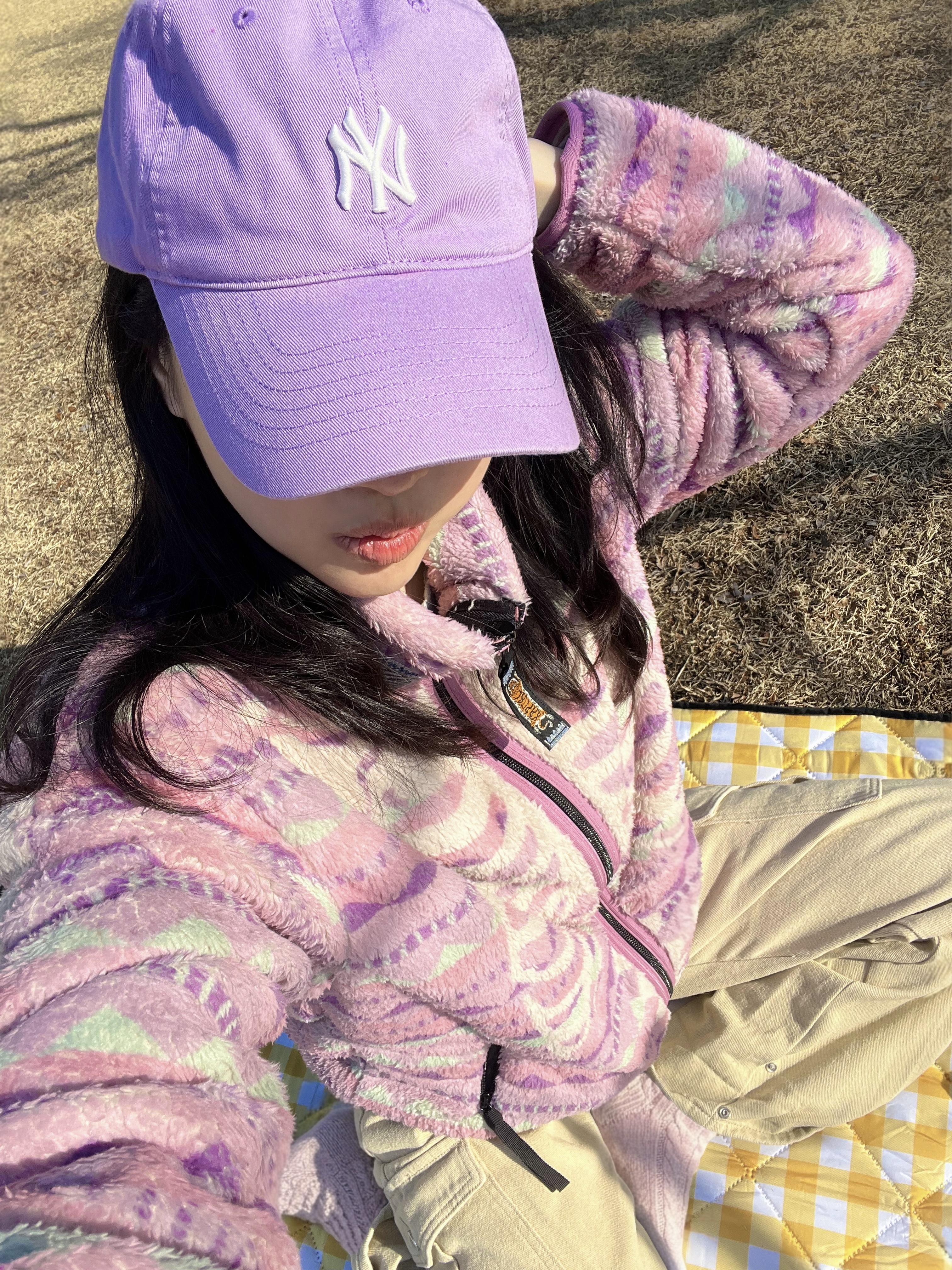 Kapital Ashland Stripe & Bone Fleece Zip Blouson Pink 착용 스타일 - 2
