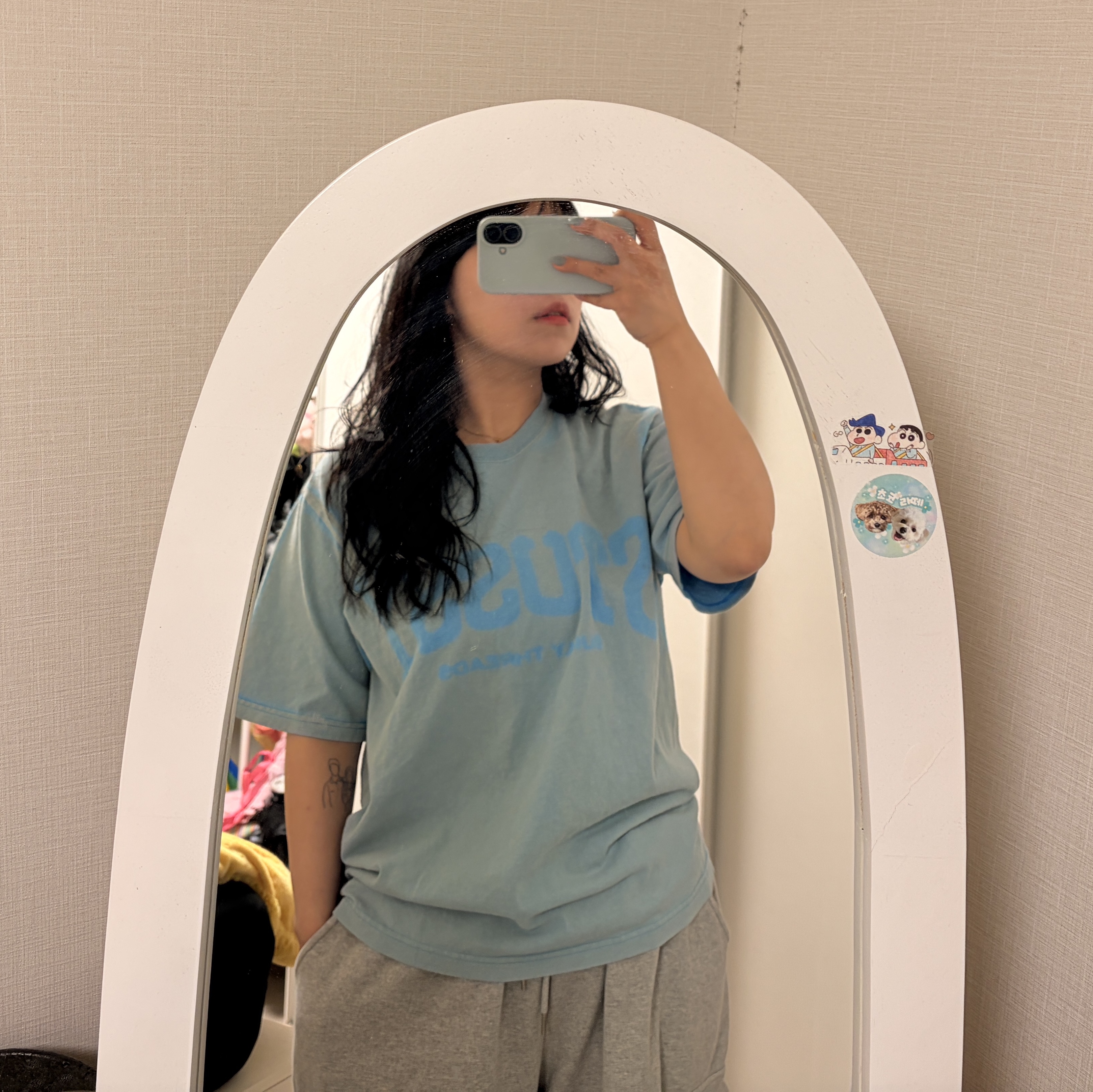Stussy Burly Stone Washed Tee Sky Blue 착용 스타일 - 2