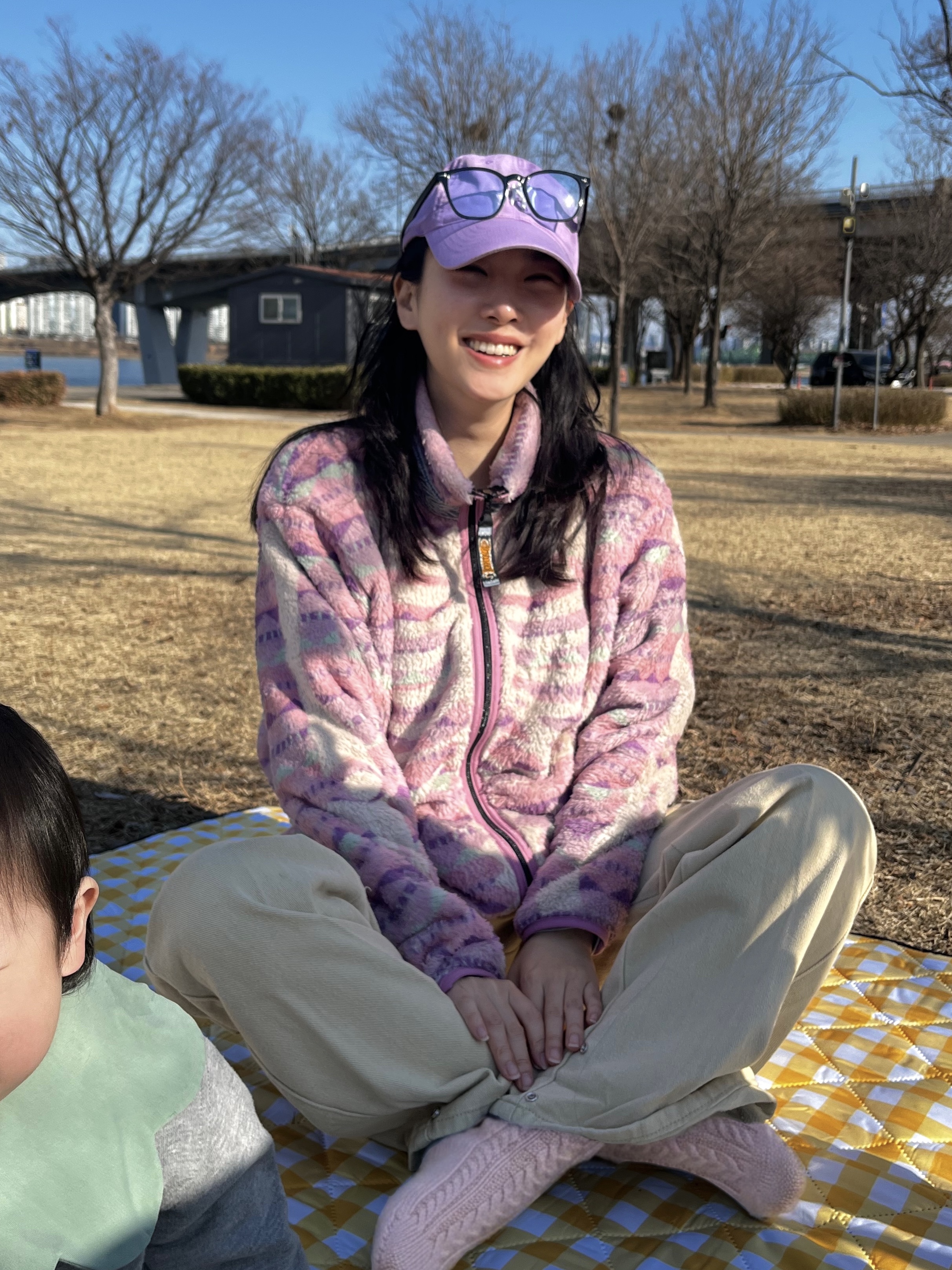 Kapital Ashland Stripe & Bone Fleece Zip Blouson Pink 착용 스타일 - 3