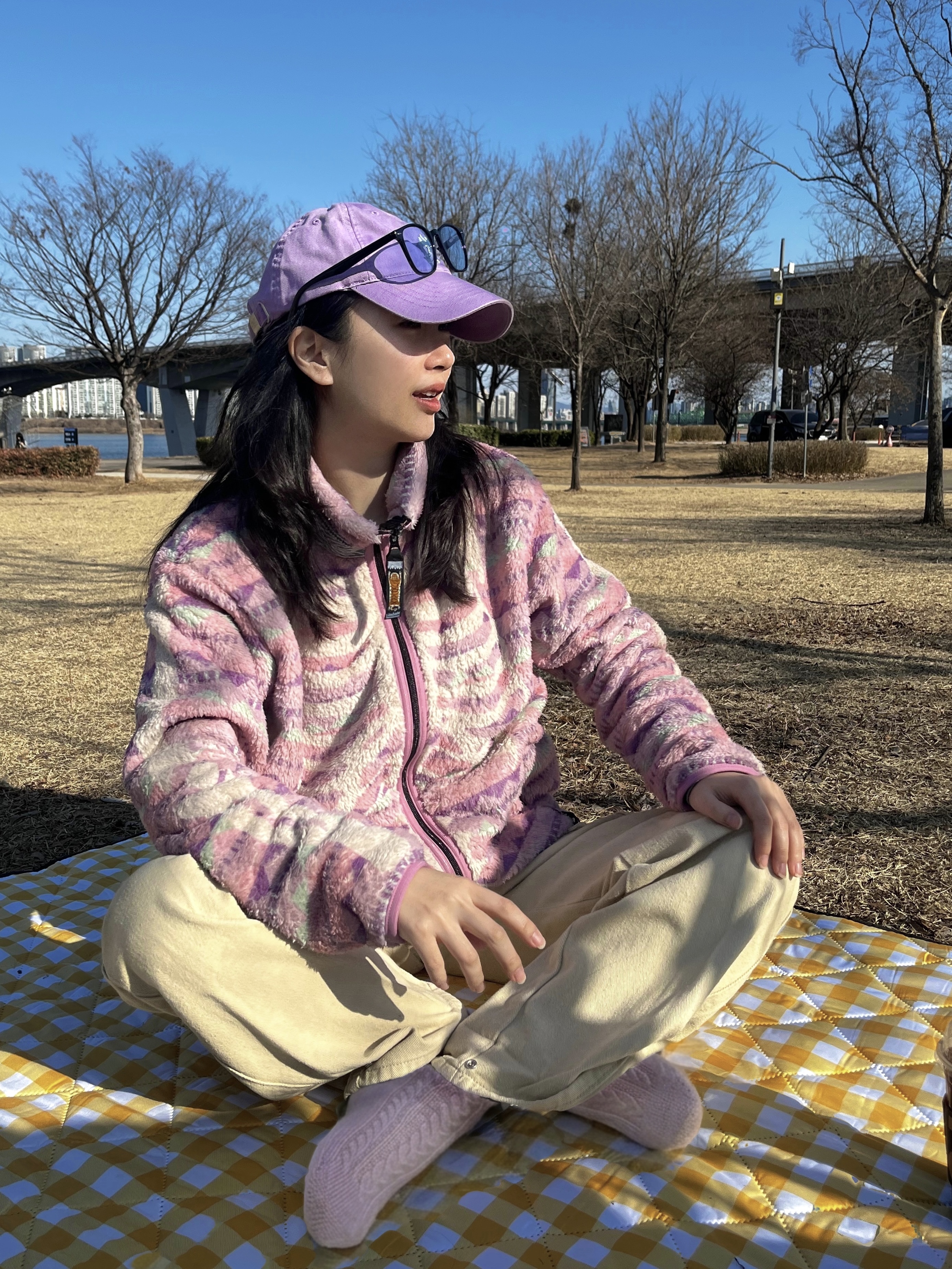 Kapital Ashland Stripe & Bone Fleece Zip Blouson Pink 착용 스타일 - 1