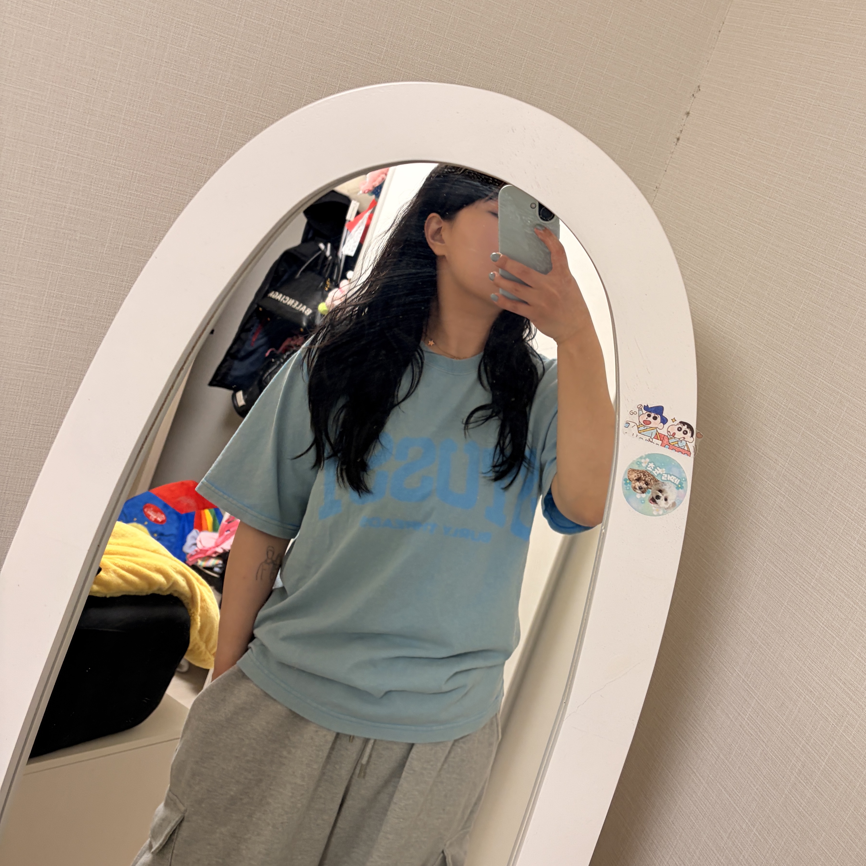 Stussy Burly Stone Washed Tee Sky Blue 착용 스타일 - 1