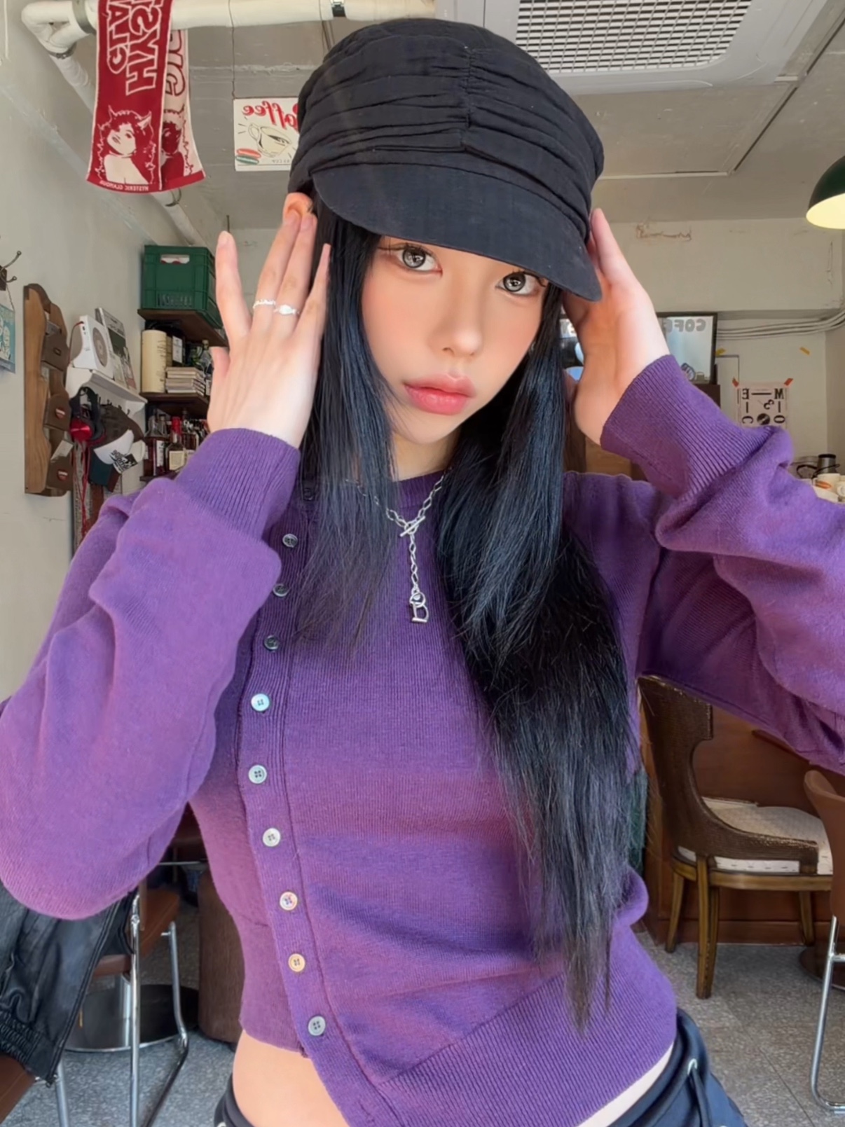 COYSEIO Knot Shirring Cap Black 착용 스타일 - 1