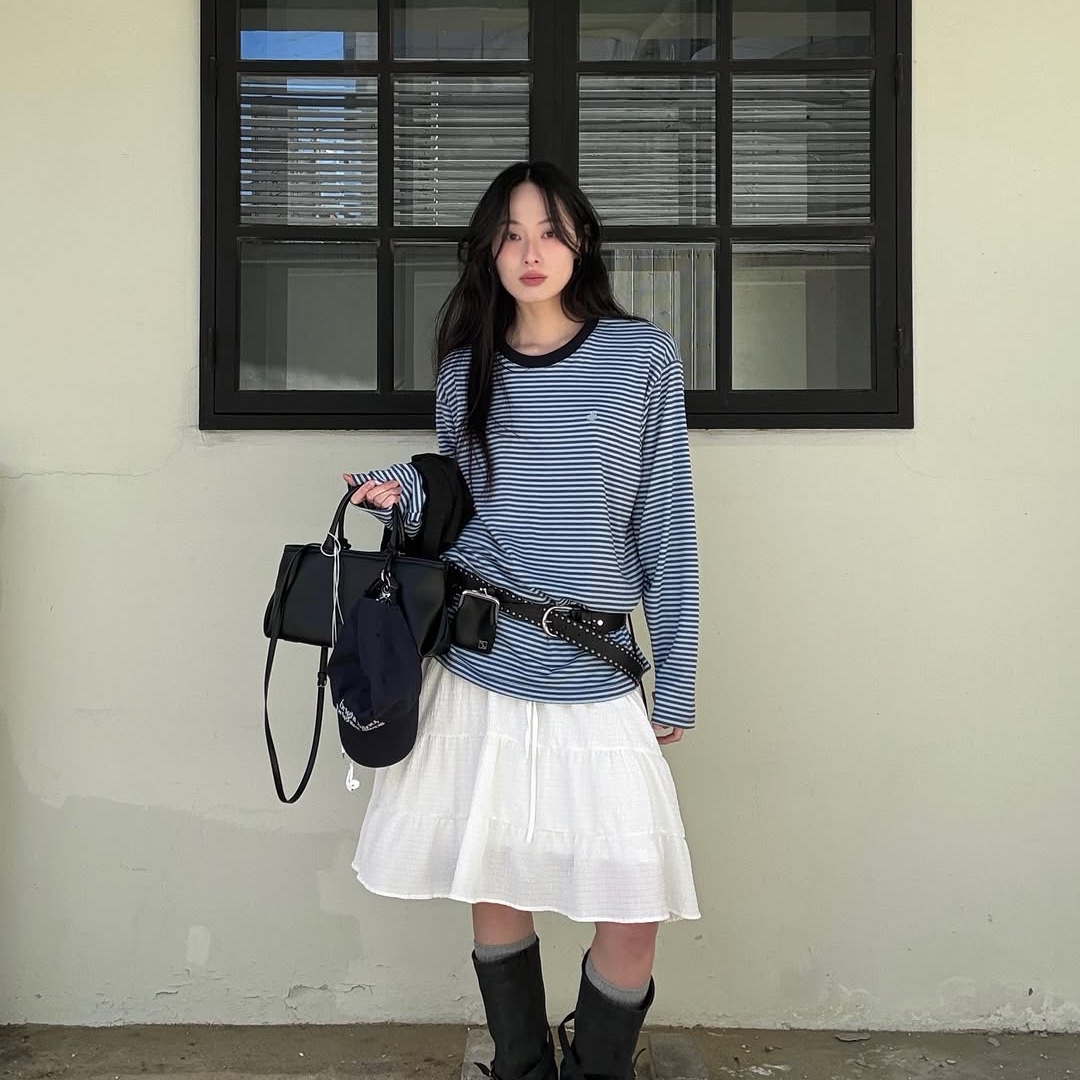 SLOW RECORD HOUSE Stripe Long Sleeve Blue 착용 스타일 - 4