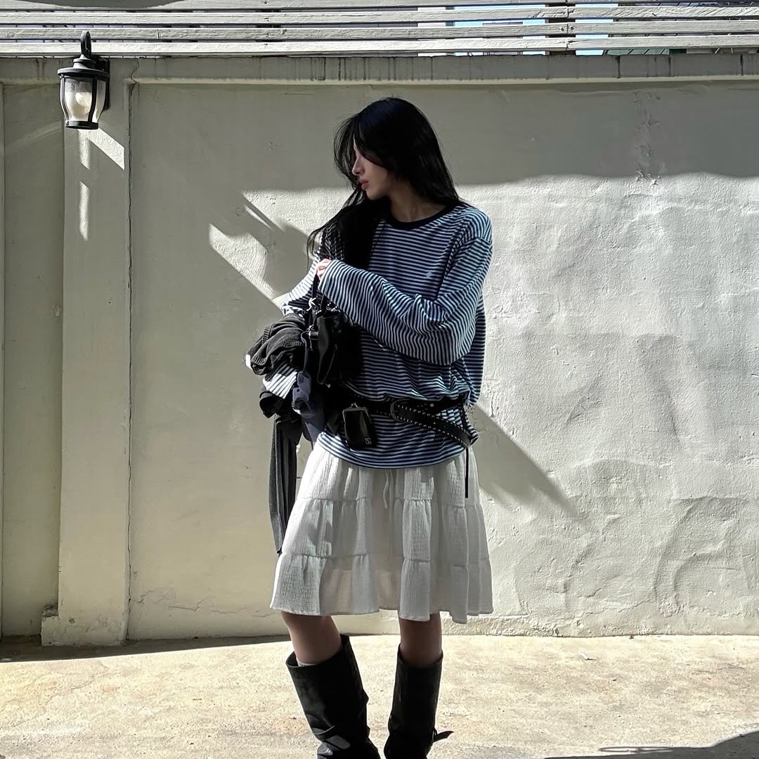 SLOW RECORD HOUSE Stripe Long Sleeve Blue 착용 스타일 - 3
