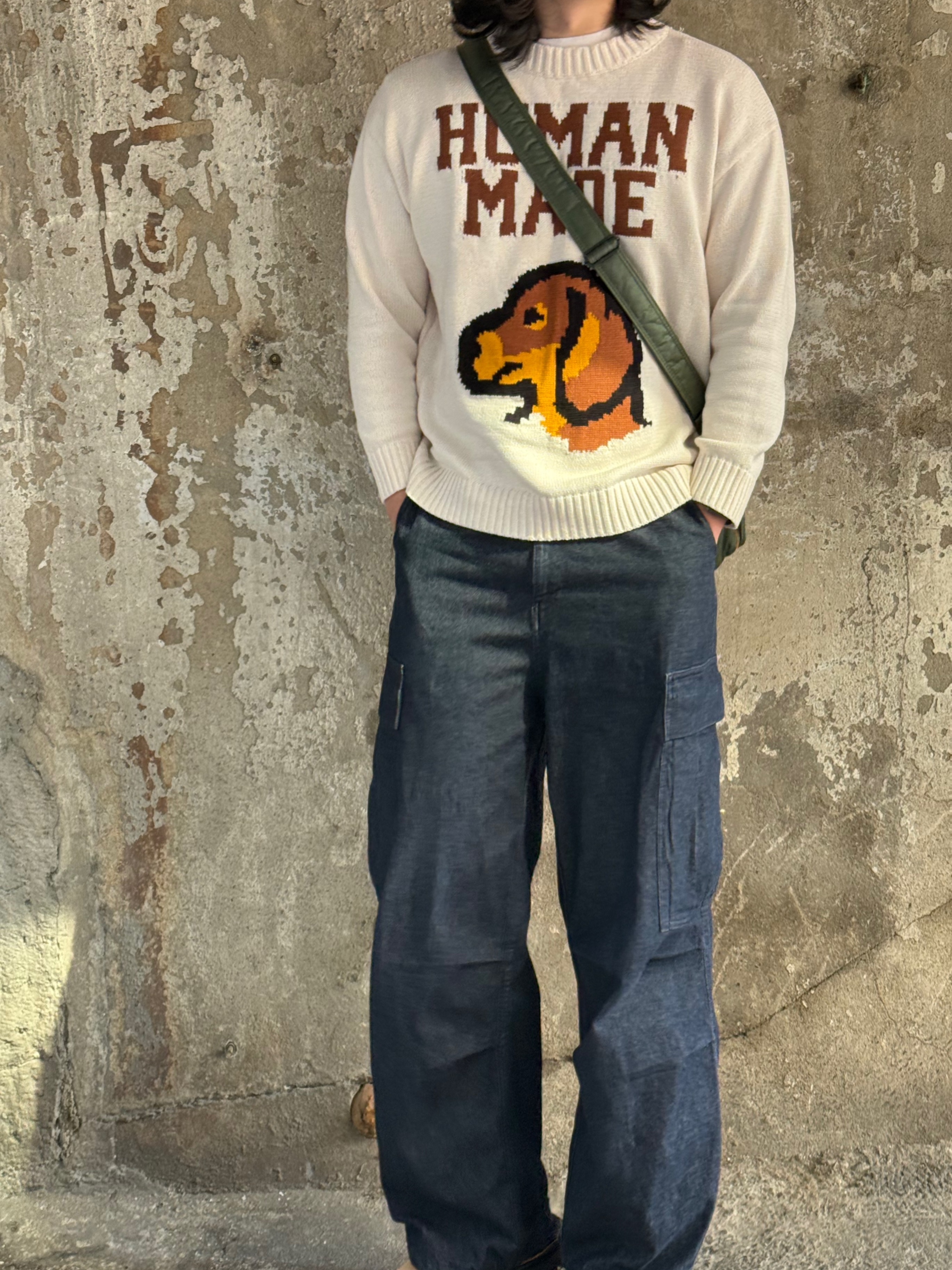 Human Made Dachs Knit Sweater White, Dr. Martens Zebzag Suede Slingback Platform Mule Savannah Tan 착용 스타일 - 2