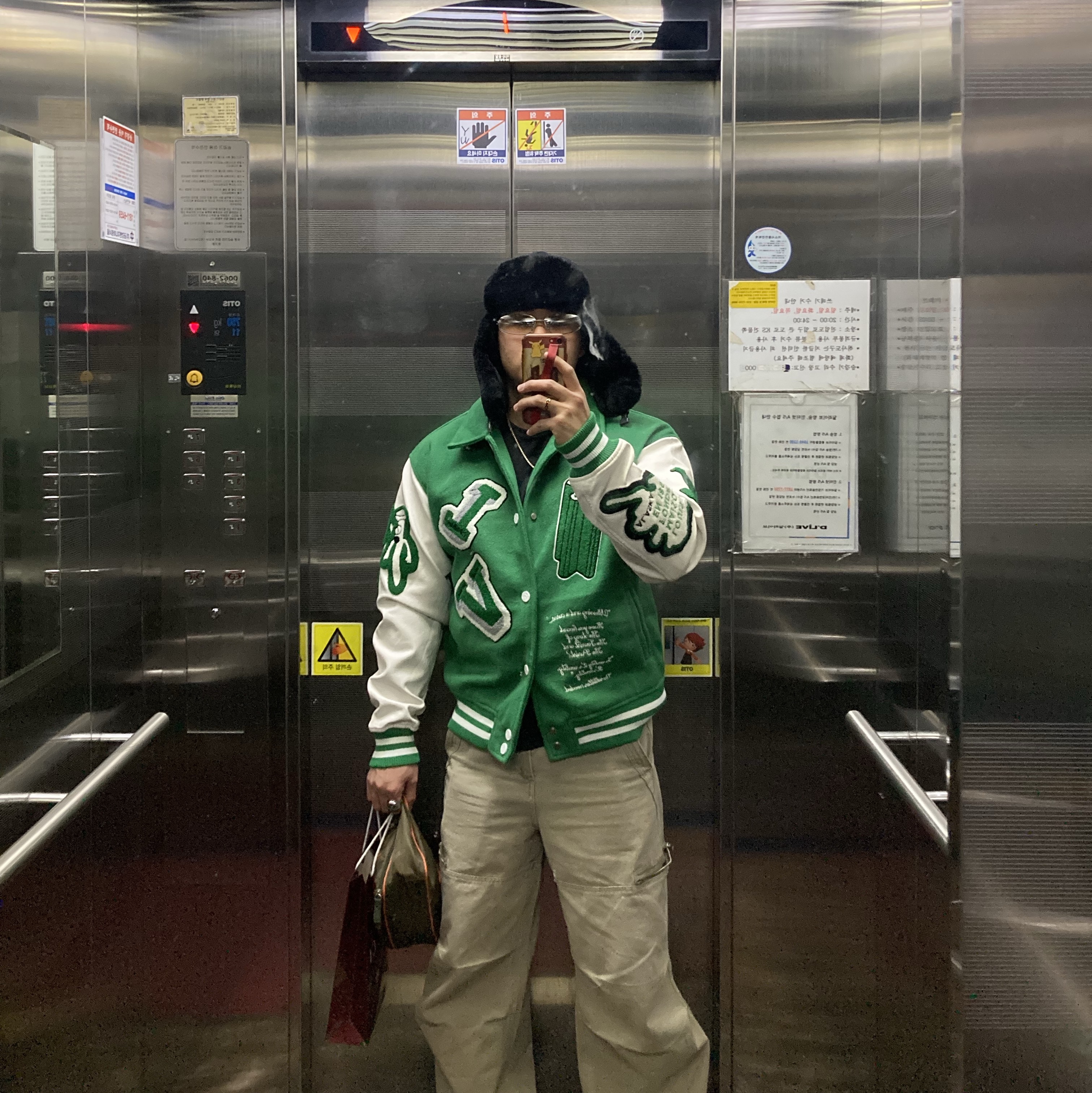 Louis Vuitton Varsity Leather Jacket Green, Nike x Ambush Air Force 1 Low SP Pine Green and Citron 착용 스타일 - 3