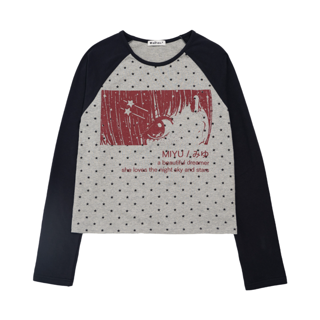 미헤브 미유 별도트 나그랑 롱슬리브 티셔츠 멜란지 블랙(mihev Miyu Star Dot Raglan Long Sleeve Melange Black)