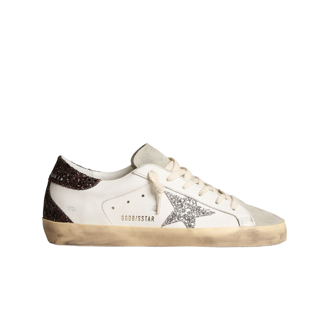 GWF00102-F003971-11353 (W) Golden Goose Superstar with Silver Star and Brown Glitter Heel Tab White