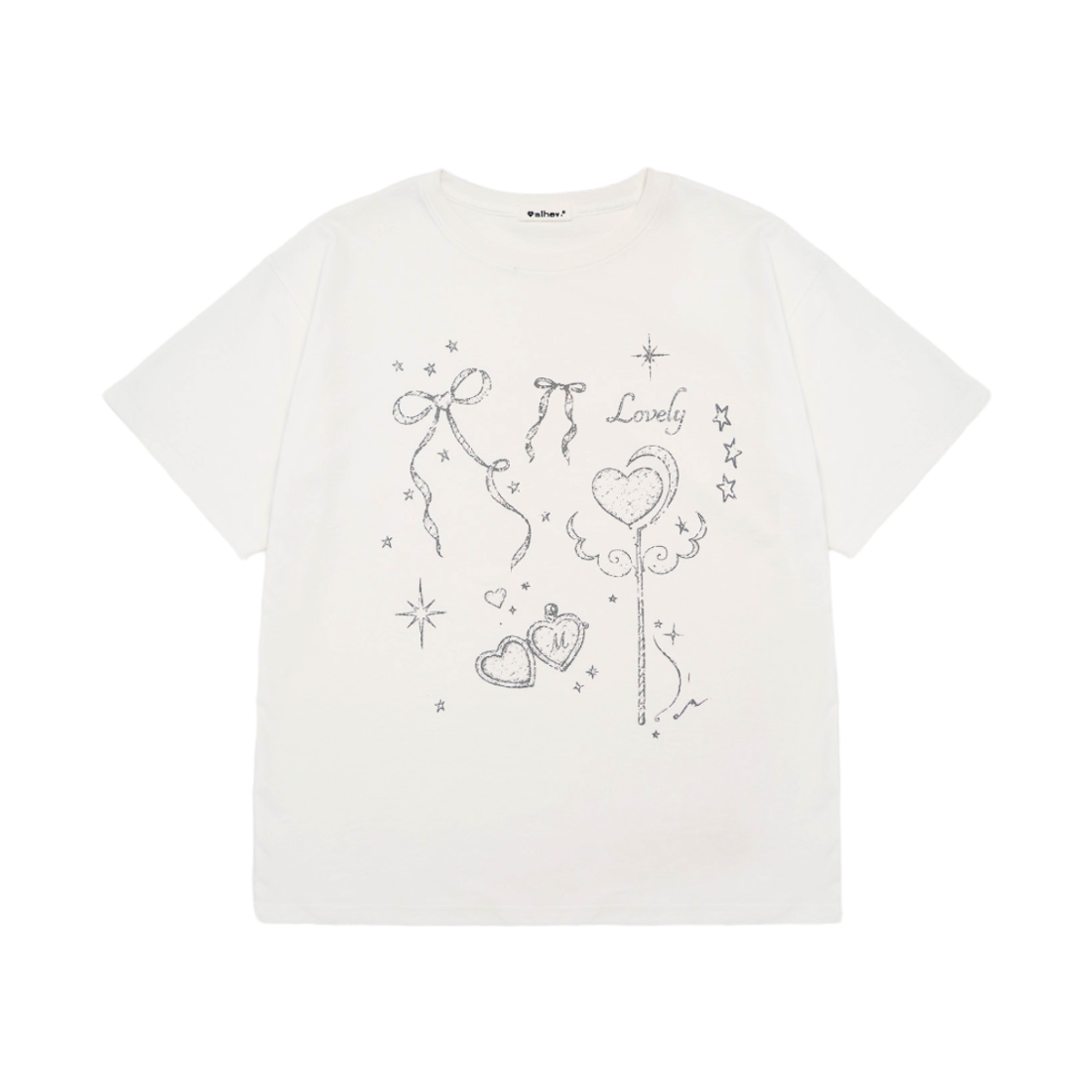 미헤브 미유 러블리 참 오버핏 반팔 티셔츠 화이트(mihev Miyu Lovely Charm Oversized T-Shirt White)