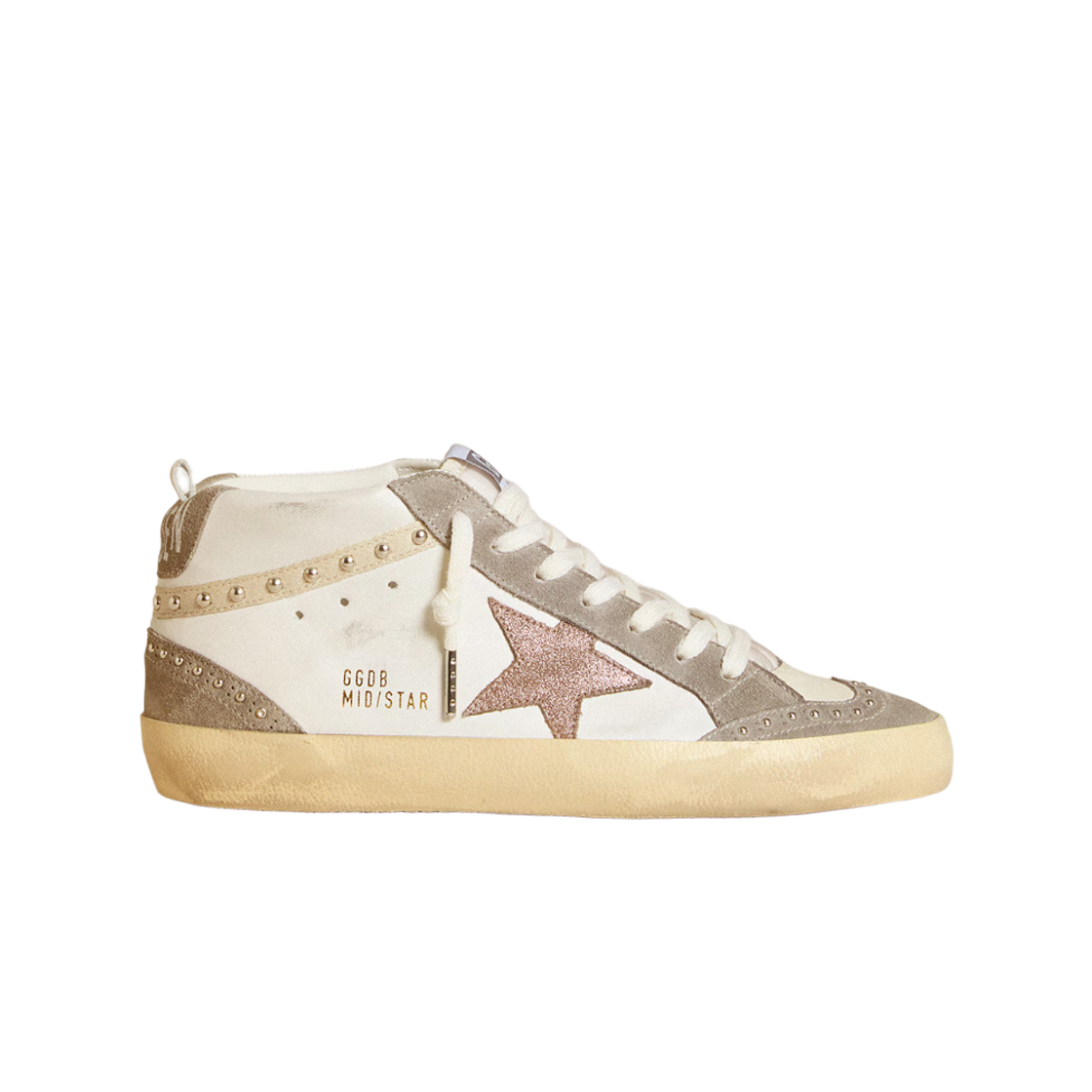 GWF00122-F006624-12130 (W) Golden Goose Mid Star Light Brown Metallic Leather Star Silver Suede Heel Tab Sneakers White