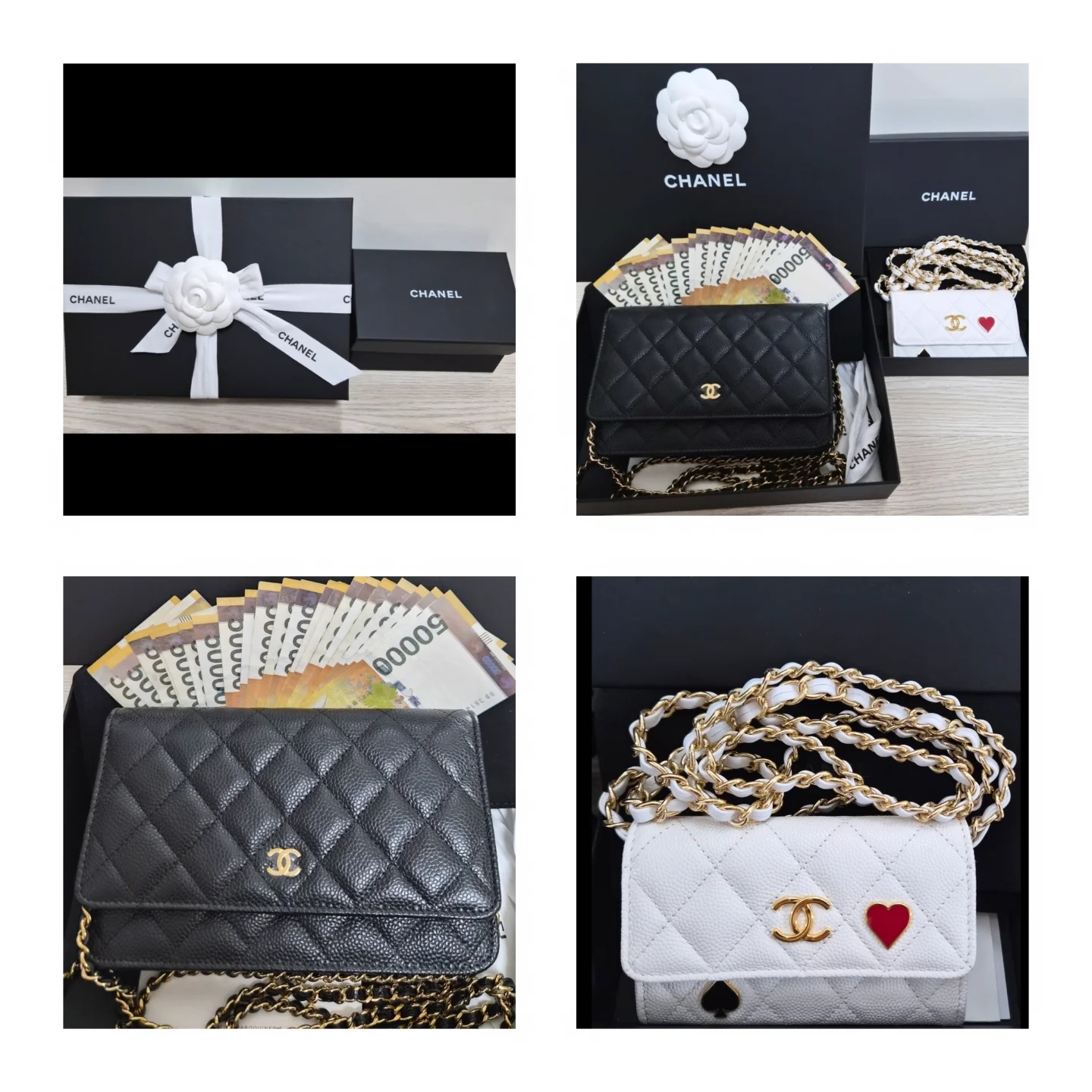 Chanel Classic Wallet On Chain Grained Calfskin & Gold Black, Chanel Flap Card Holder Grained Calfskin Enamel & Gold White 착용 스타일