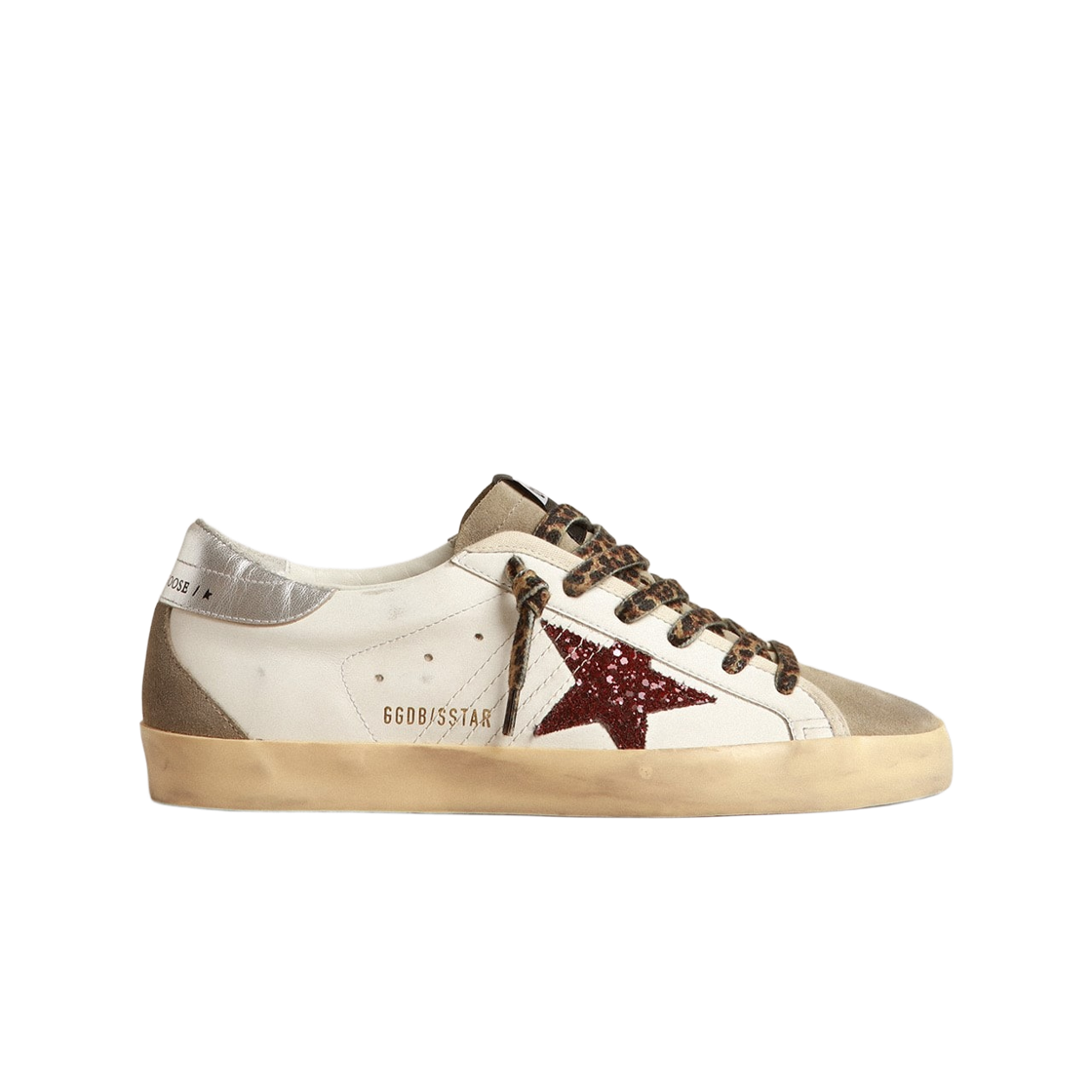GWF00102-F004057-11372 (W) Golden Goose Superstar with Burgundy Glitter Star and Silver Heel Tab White