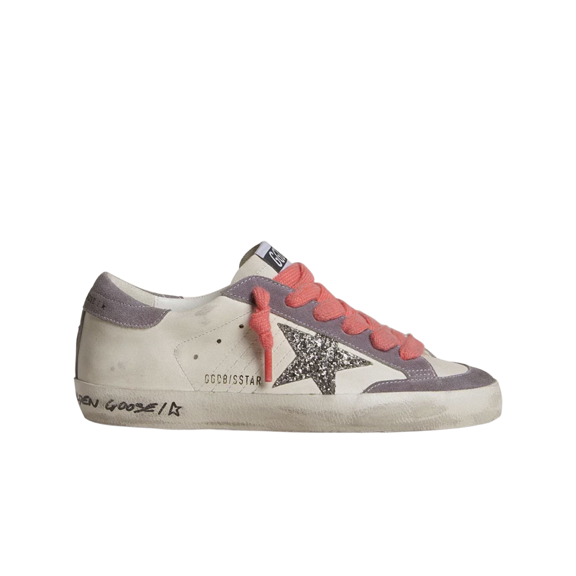 GWF00107-F007295-12160 (W) Golden Goose Superstar with Silver Glitter Star Lilac Suede Heel Tab White