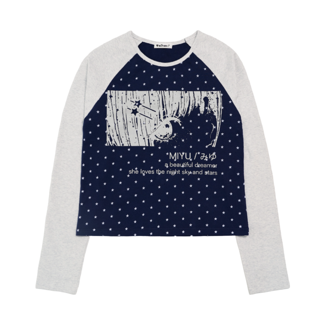 미헤브 미유 별도트 나그랑 롱슬리브 티셔츠 네이비 화이트멜란지(mihev Miyu Star Dot Raglan Long Sleeve Navy White Melange)