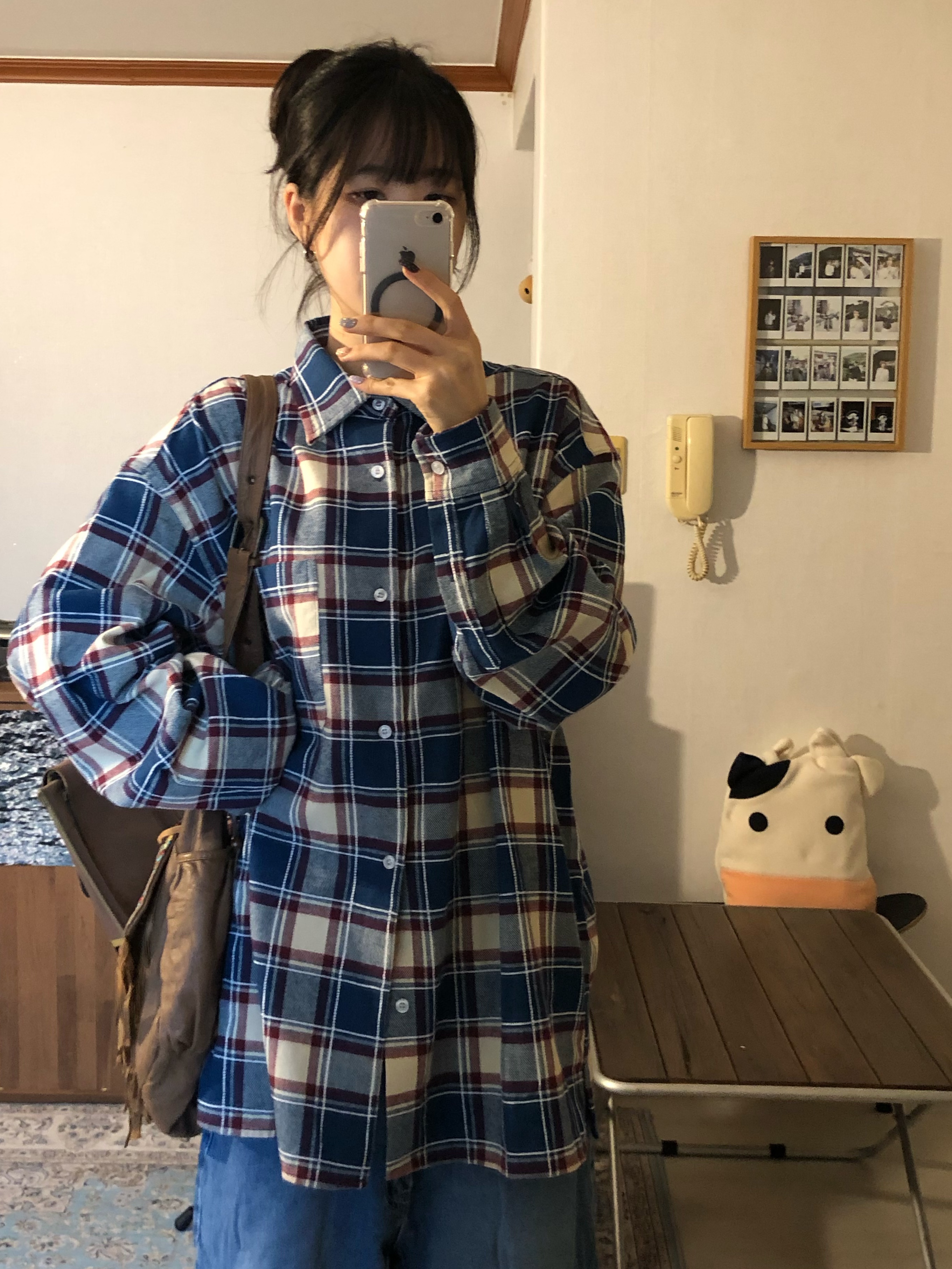 QT8 GARMENTS Rustic Core Flannel Check Shirt Blue 착용 스타일 - 3