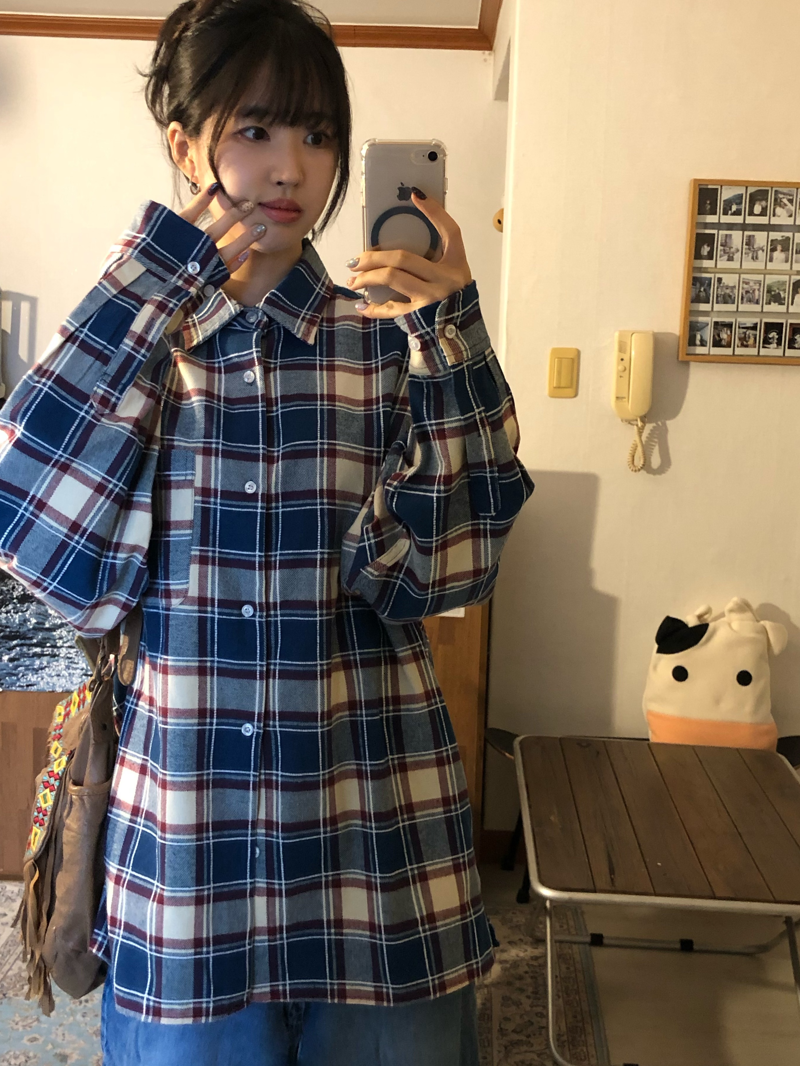 QT8 GARMENTS Rustic Core Flannel Check Shirt Blue 착용 스타일 - 1