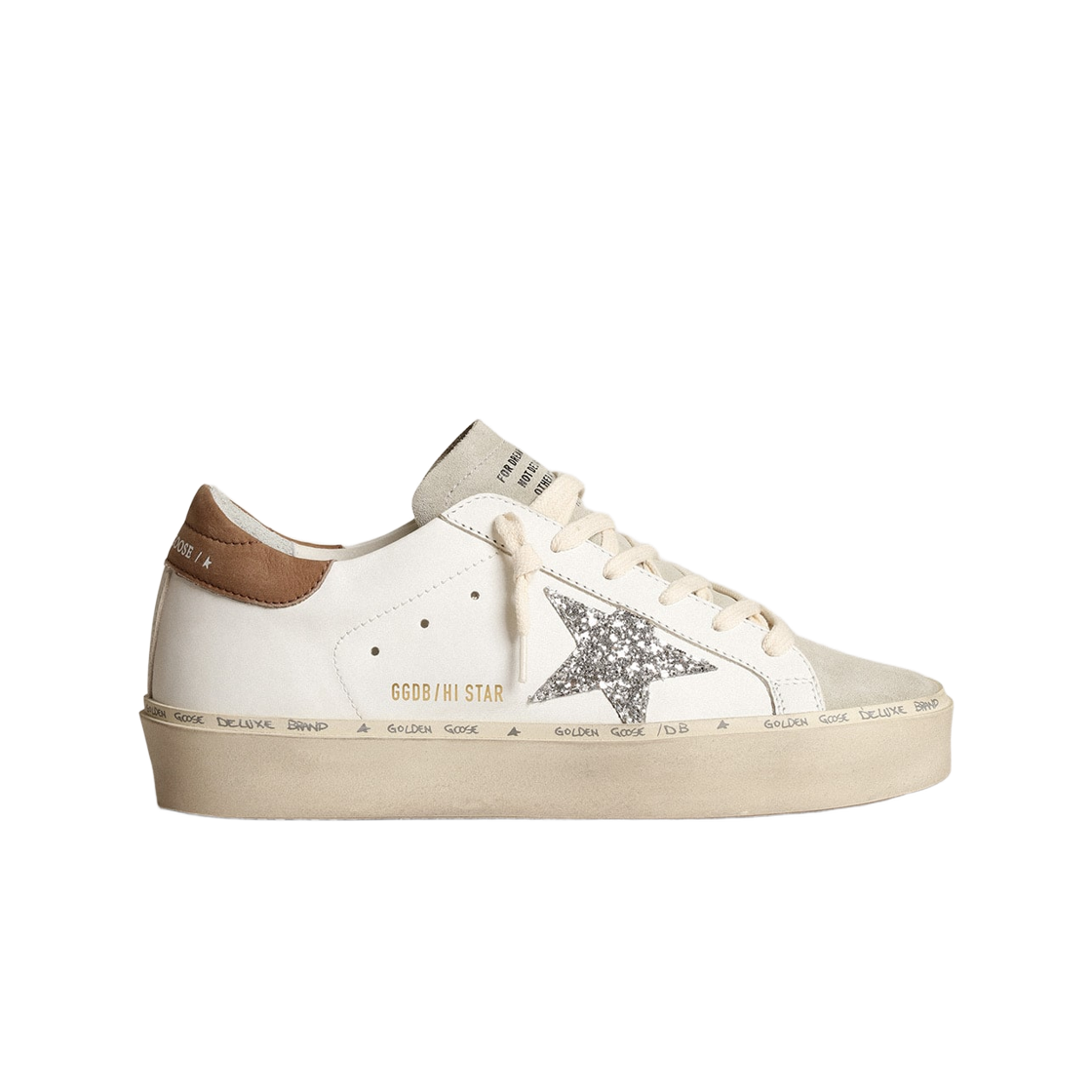 GWF00118-F003976-11354 (W) Golden Goose Hi Star Silver Glitter Star Dove Grey Nubuck Leather Heel Tab Sneakers White